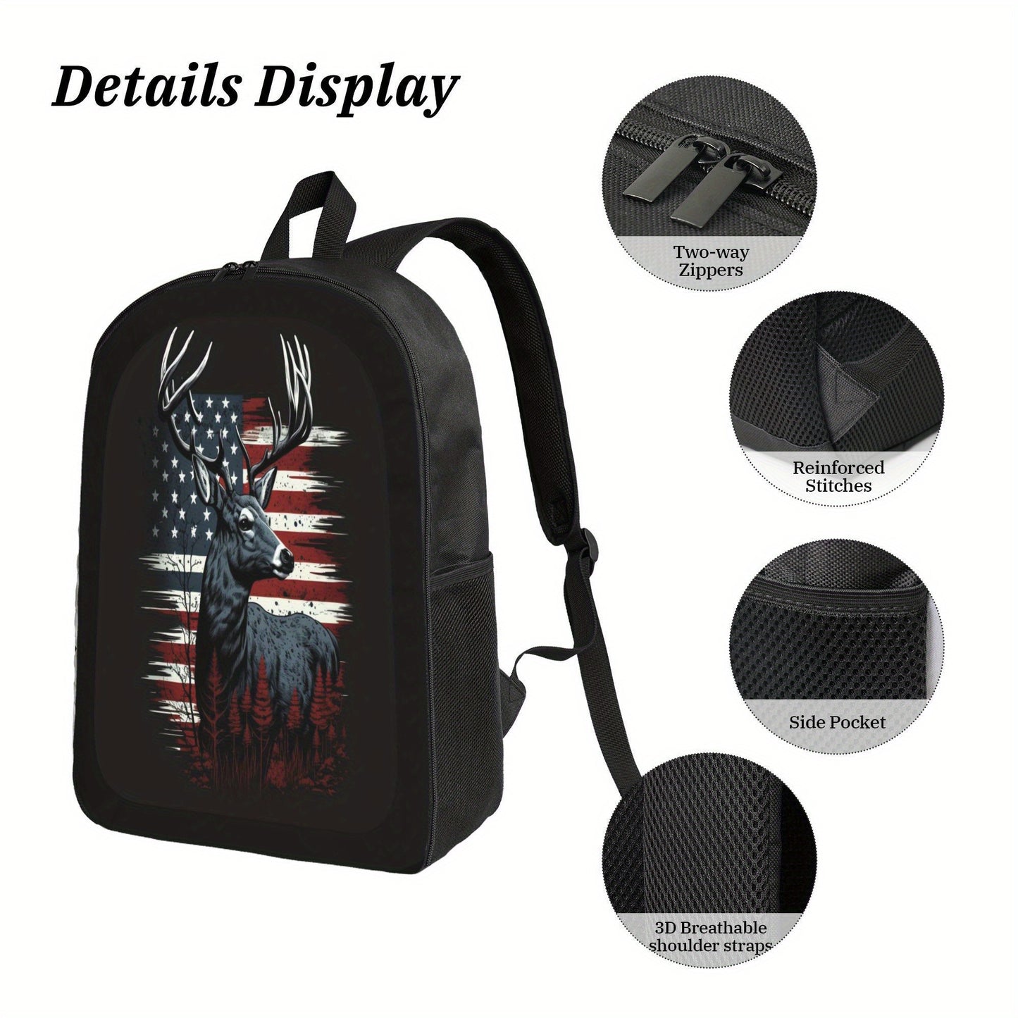 Stylish Black Backpack with Patriotic Deer Design
