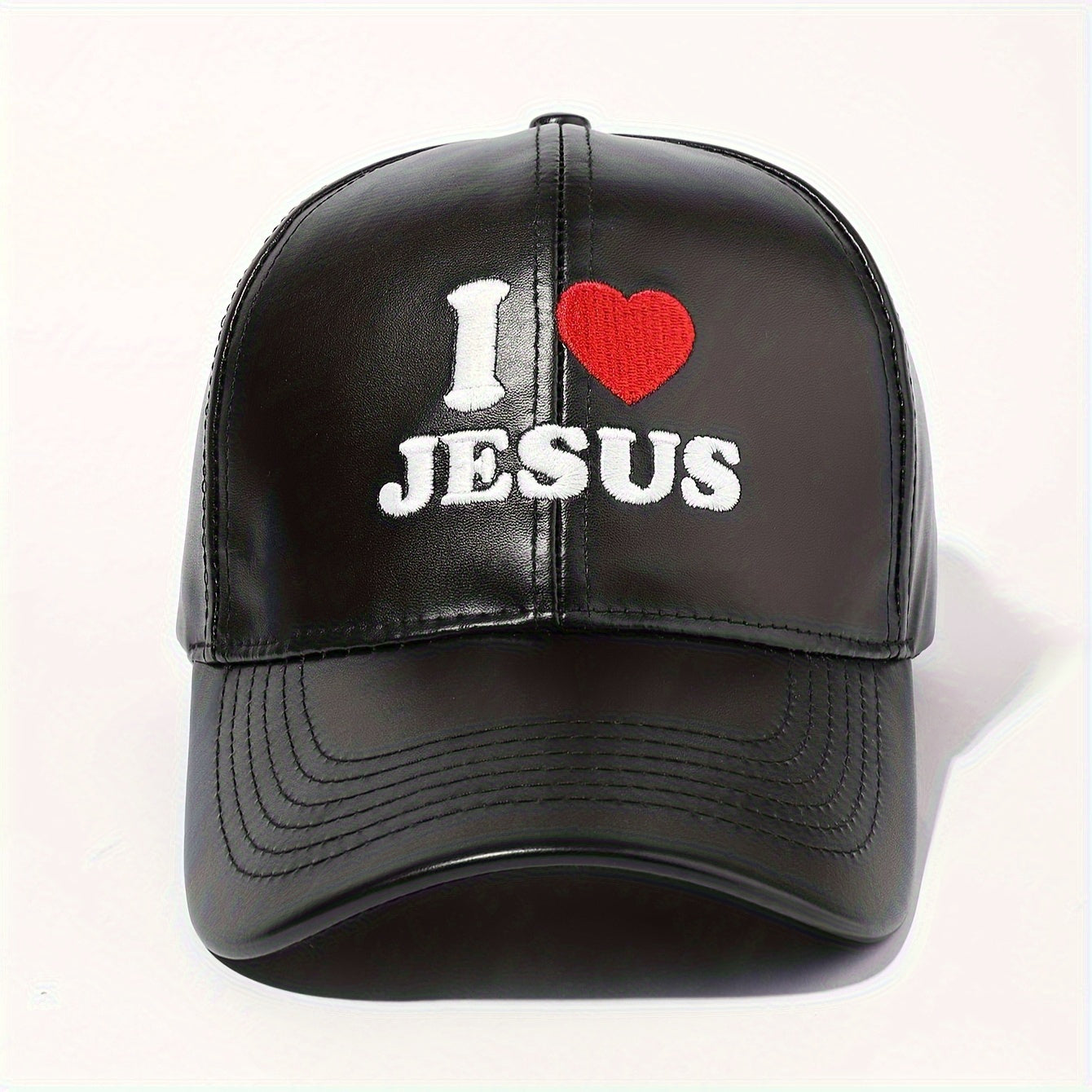 Faux Leather Baseball Cap with "I Love Jesus" Embroidery - Adjustable Snapback