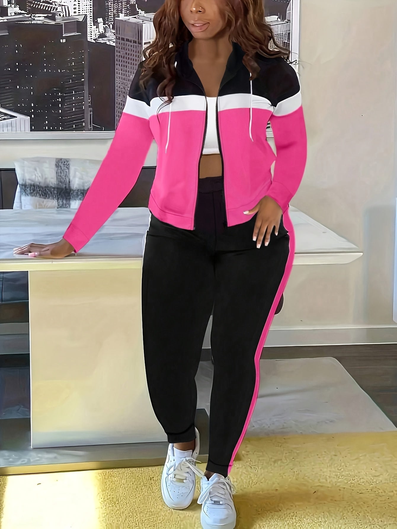 Women's Casual Striped Hooded Jacket And Pants Track Suit