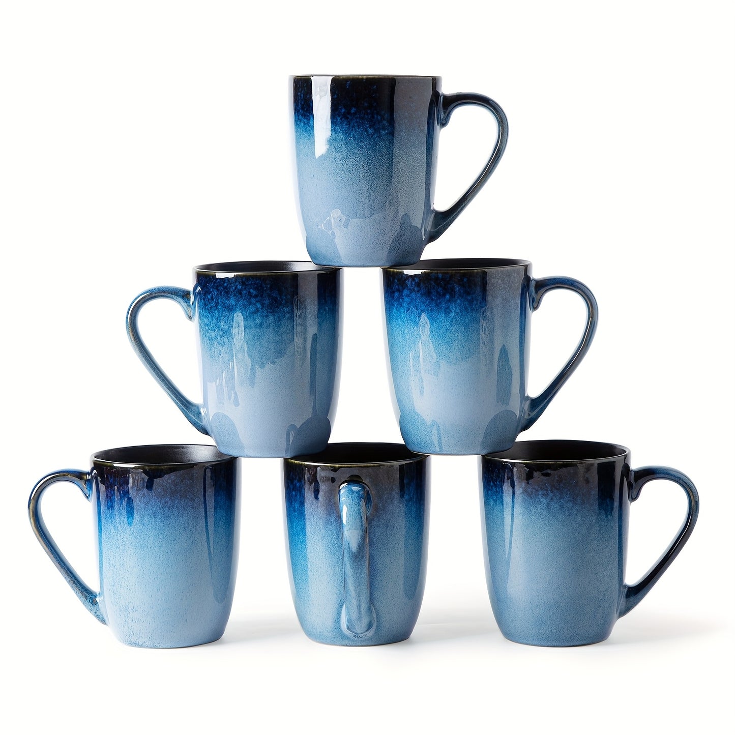 6pcs Set of Blue Ceramic Mugs 14oz, Durable, Stain Resistant, Elegant And Unique Ceramic Mugs