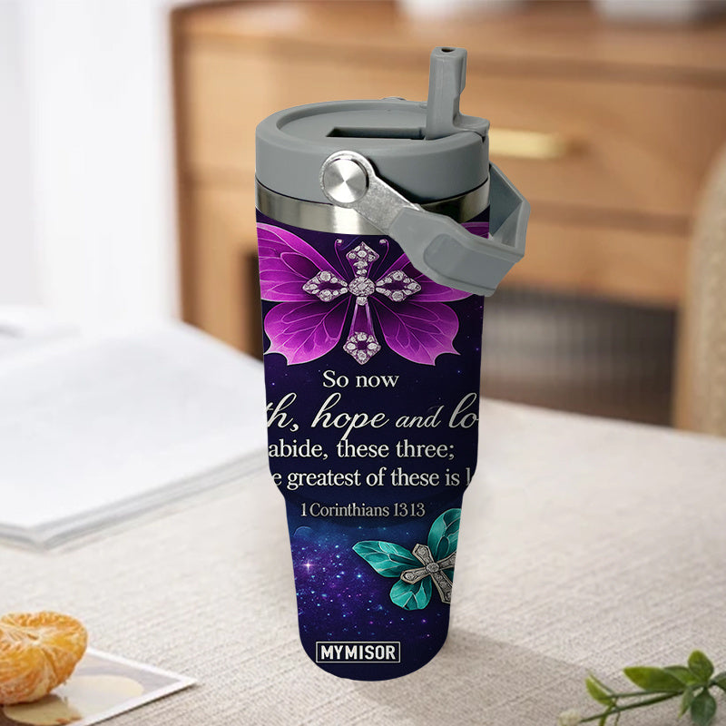 30oz Stainless Steel Tumbler with Straw & Handle, Purple Glitter, I Peter 1:3