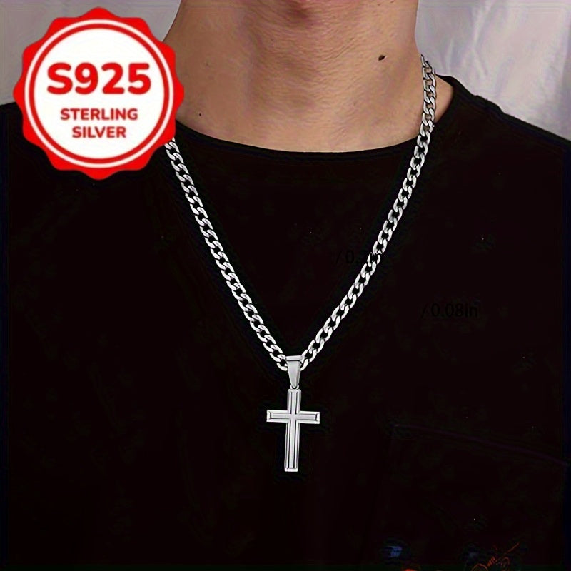 Divine Power Cuban Chain Silver Cross Pendant Necklace