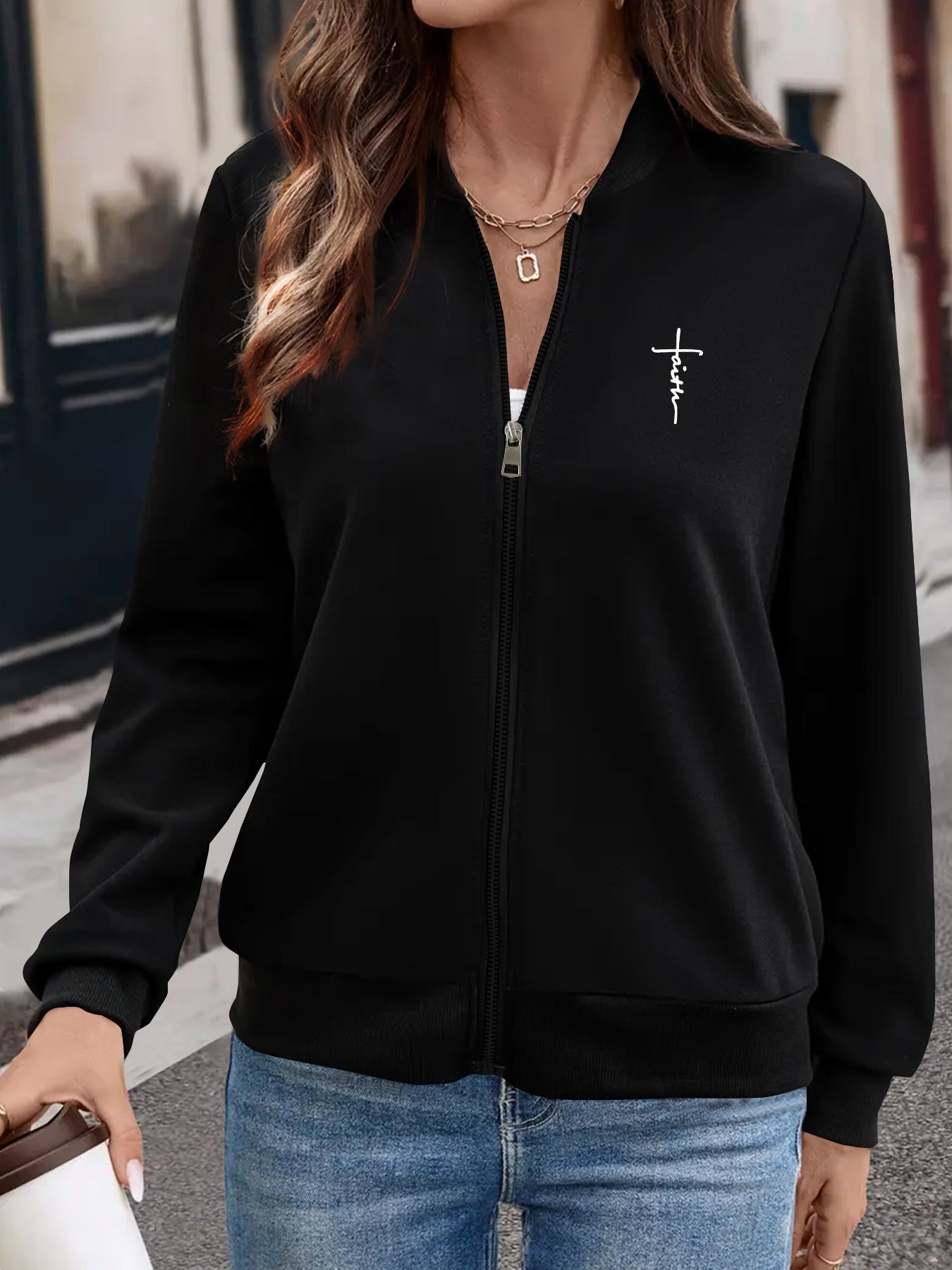 Trendy Women Bomber Jacket Faith Print Geometric Zipup
