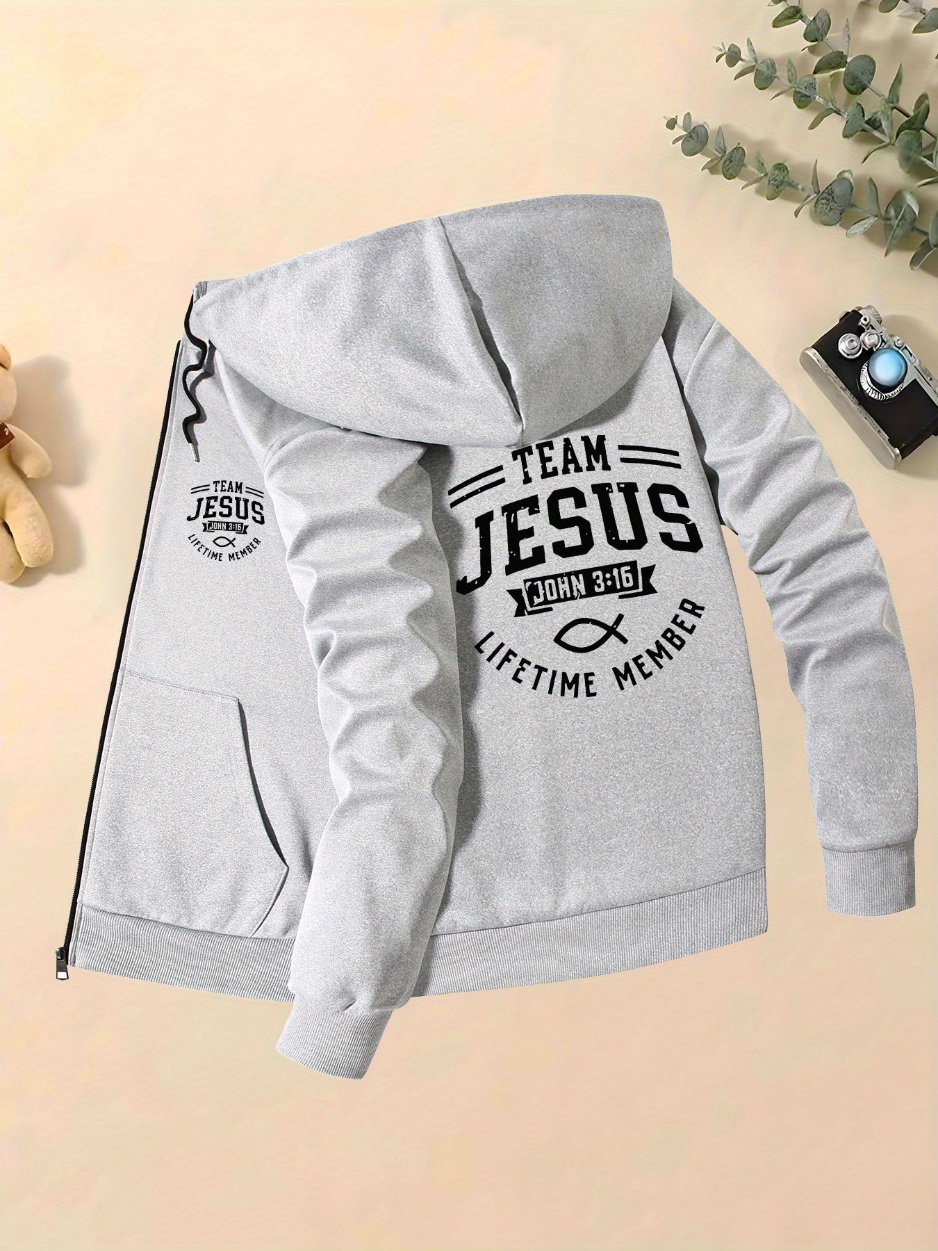 Mens Casual Hooded Polyester Jacket With Jesus Print