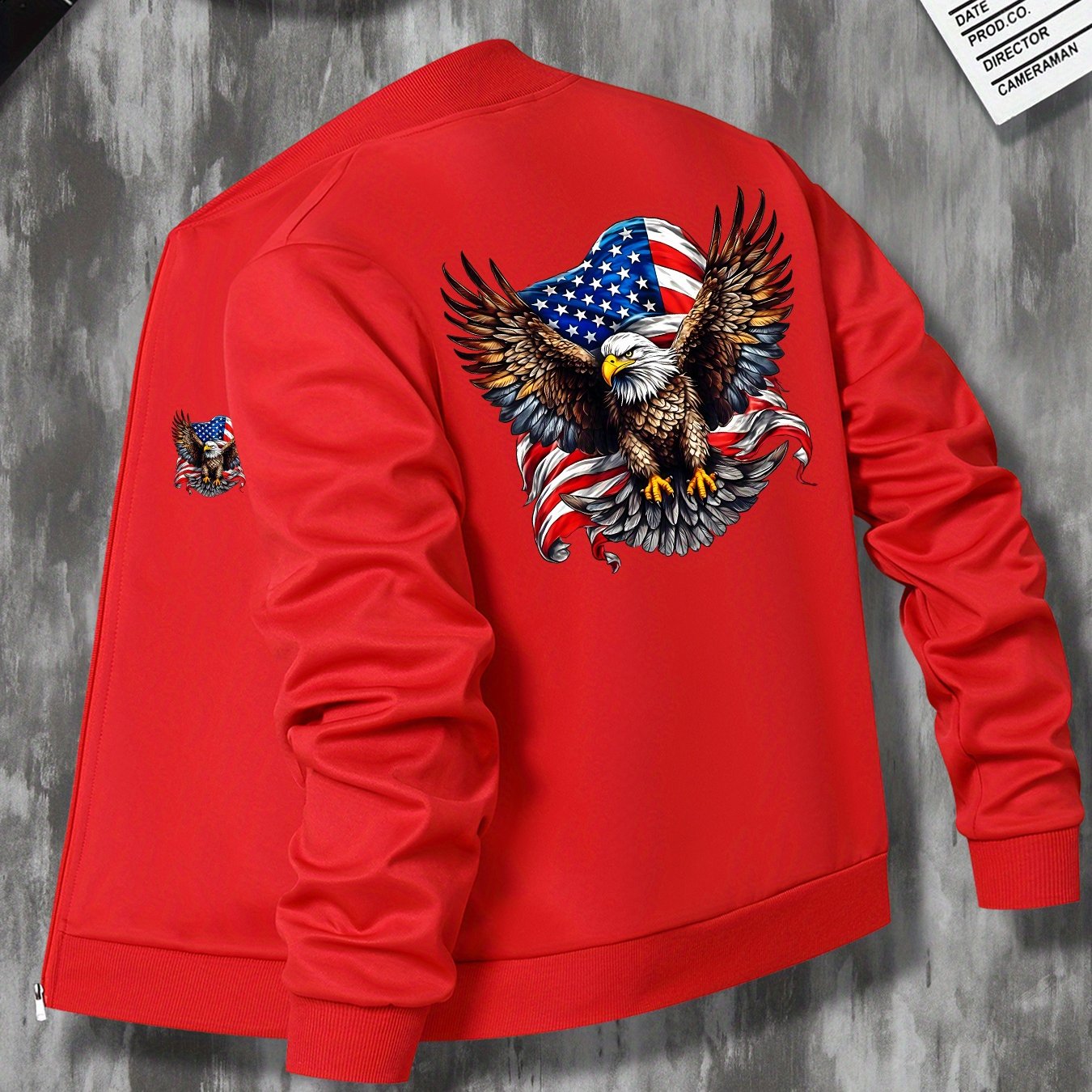 Casual Stand Collar Zippered Eagle Flag Emblem Print Jacket