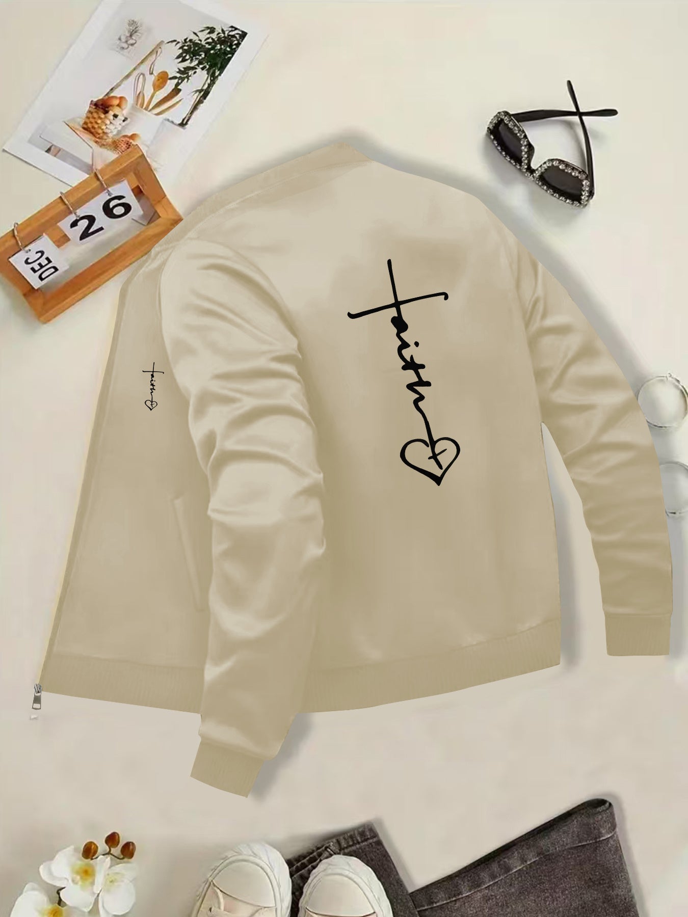 IHDP Faith Heart Print Casual Jacket Stand Collar ZipUp
