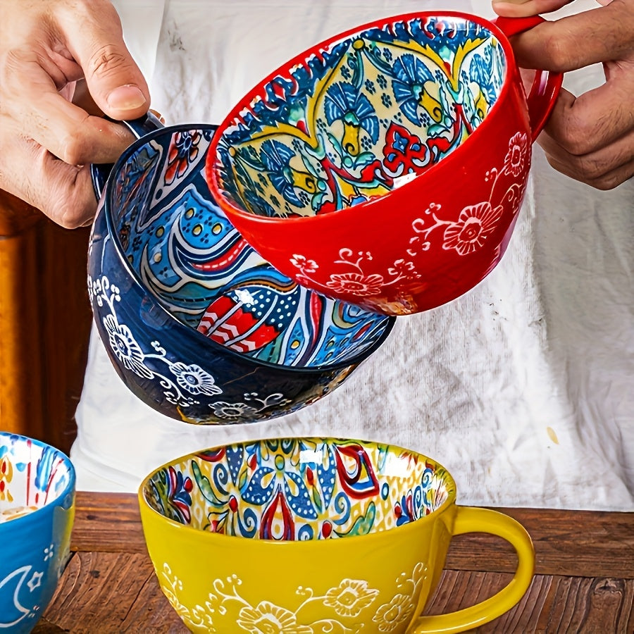 6pcs - Bohemian Ceramic Breakfast Mug - 15oz Large Capacity, Microwave Safe for Hot And Cold Drinks, Perfect Gift