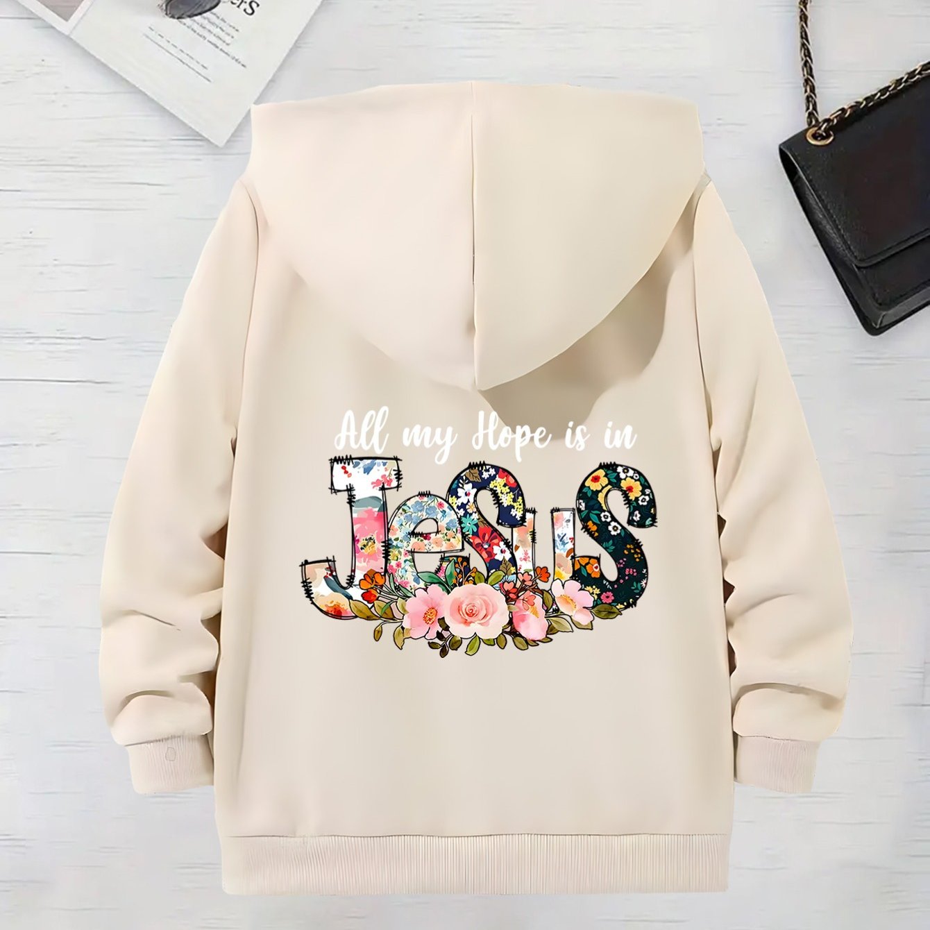 Long Sleeve Hooded Zip Up Sweatshirt With Jesus Print