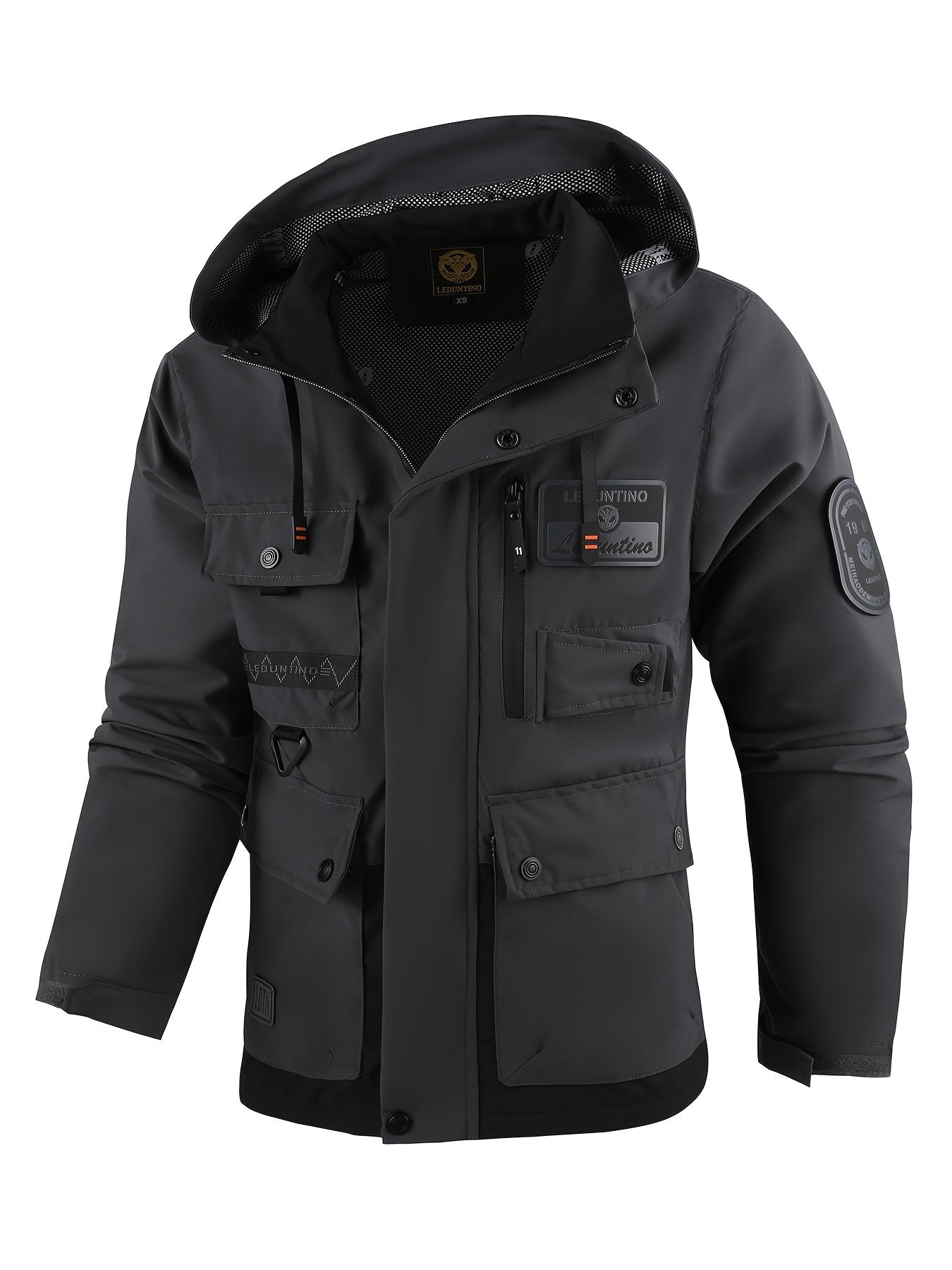 LEDUNTINO Mens Stand Collar Hooded Multi Pocket Jacket