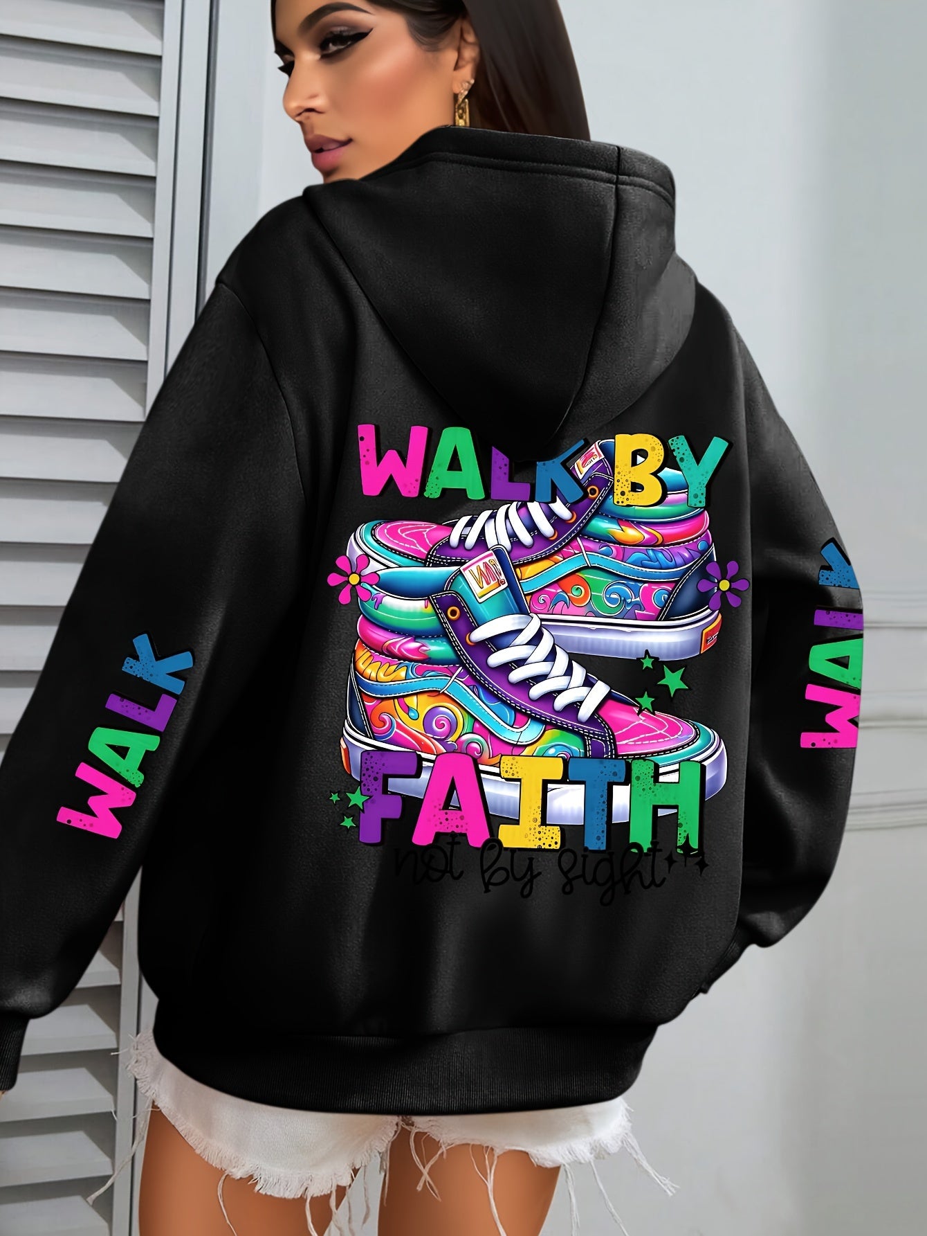 Hooded Sweatshirt With Vibrant Shoe Print And Pocket