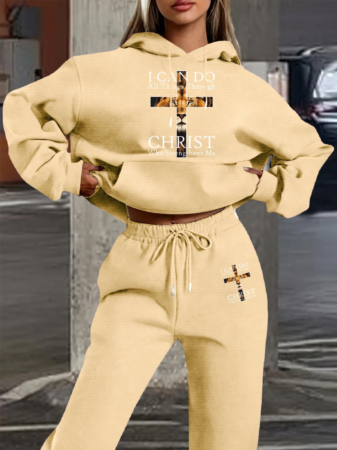 2025 Autumn Winter New Arrival, Christian Religious Letter Print Hoodie, Casual Loose Fit Warm Long Sleeve Pullover with Drawstring Waist and Pants Two-Piece Set, Women' Ribbed Two Piece Sweater Set, Airport Outfit For Women