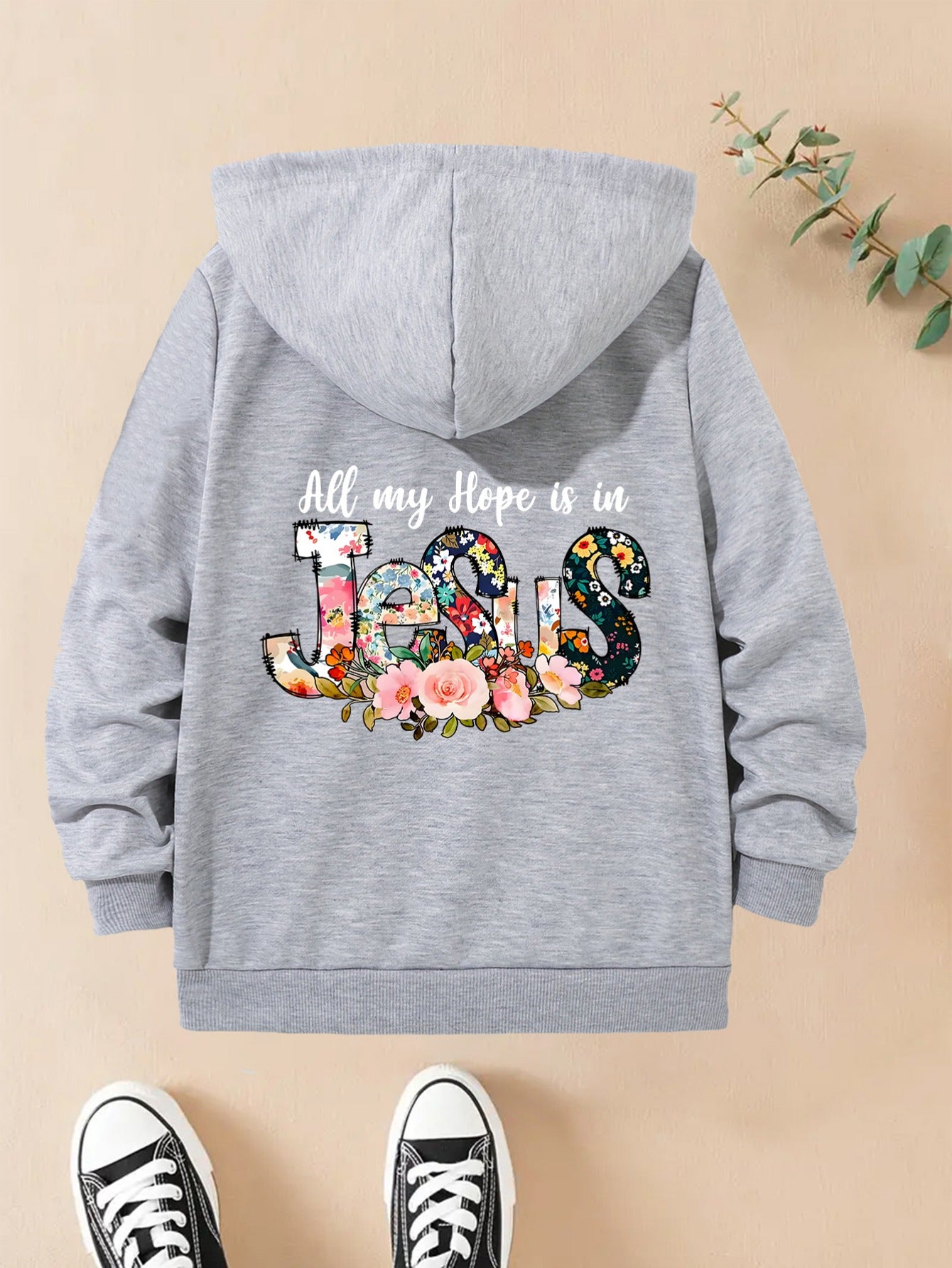 Long Sleeve Hooded Zip Up Sweatshirt With Jesus Print