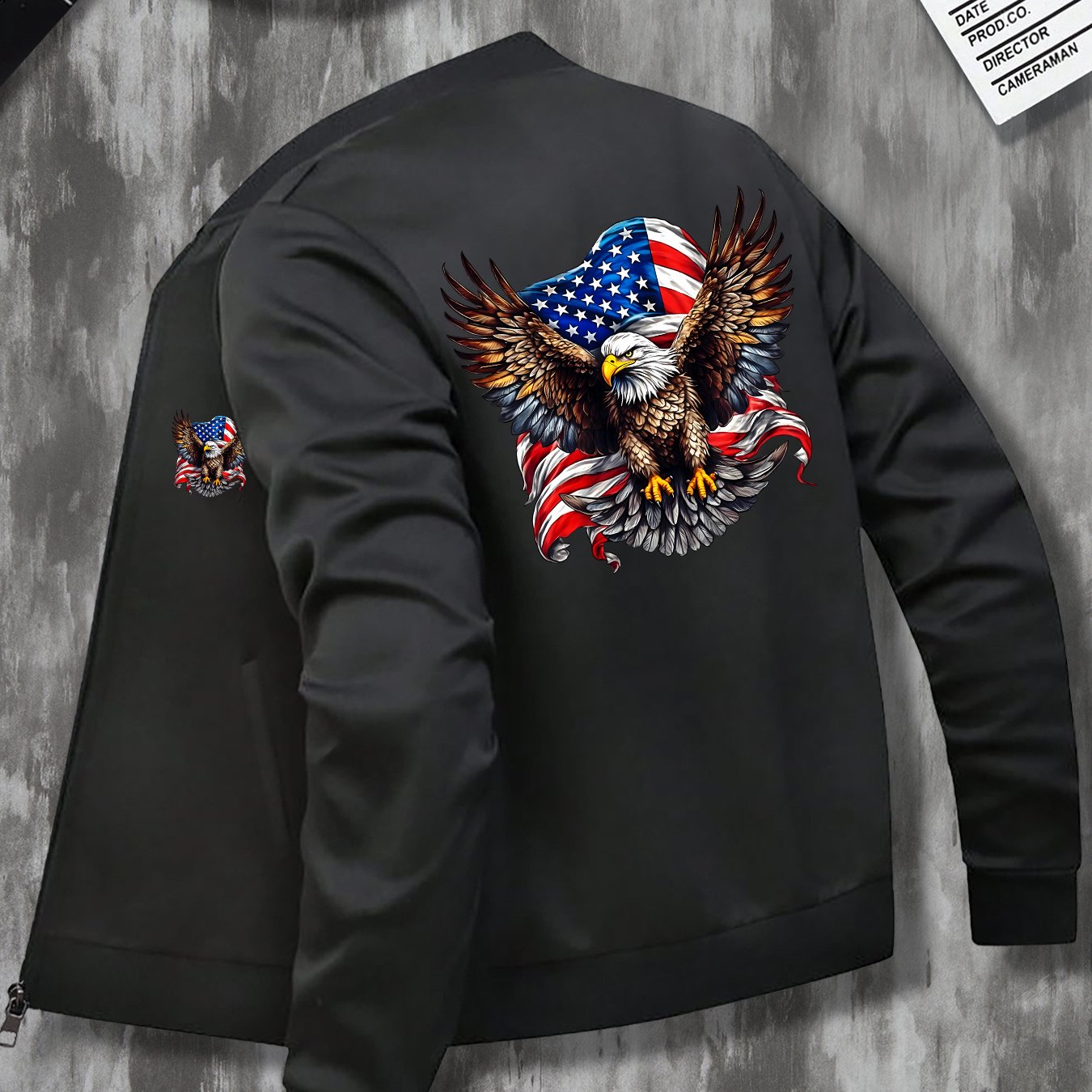 Casual Stand Collar Zippered Eagle Flag Emblem Print Jacket