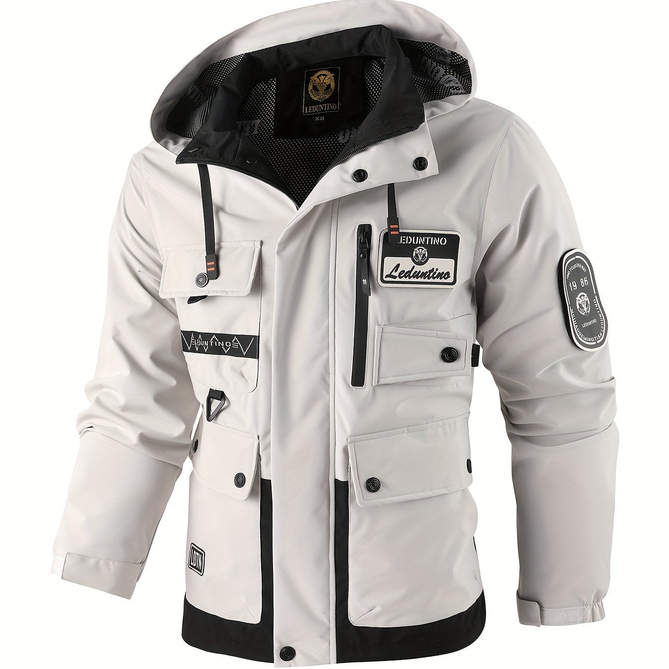 LEDUNTINO Mens Stand Collar Hooded Multi Pocket Jacket
