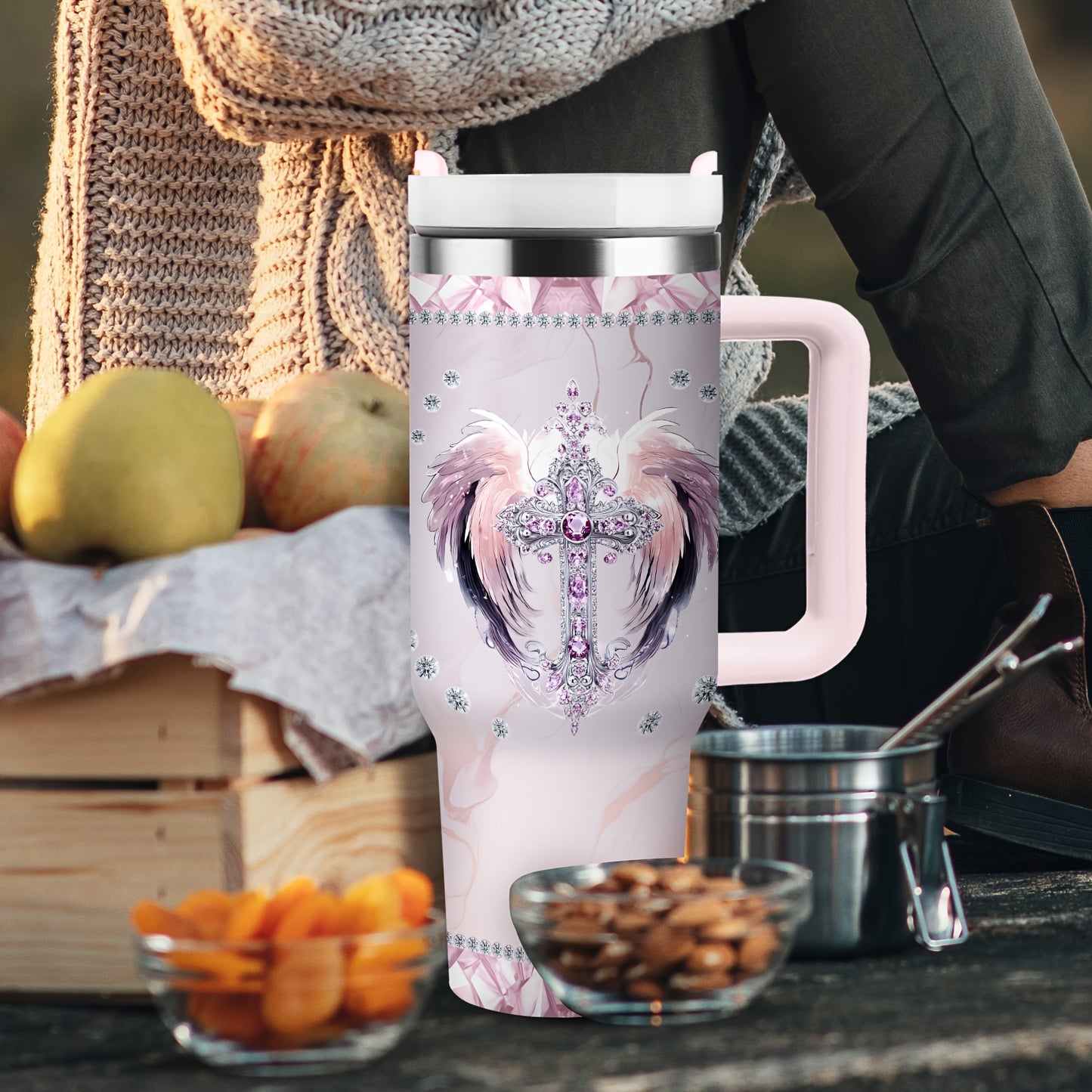 40oz Insulated Stainless Steel Tumbler with Straw & Lid - Elegant Cross & Wings Design