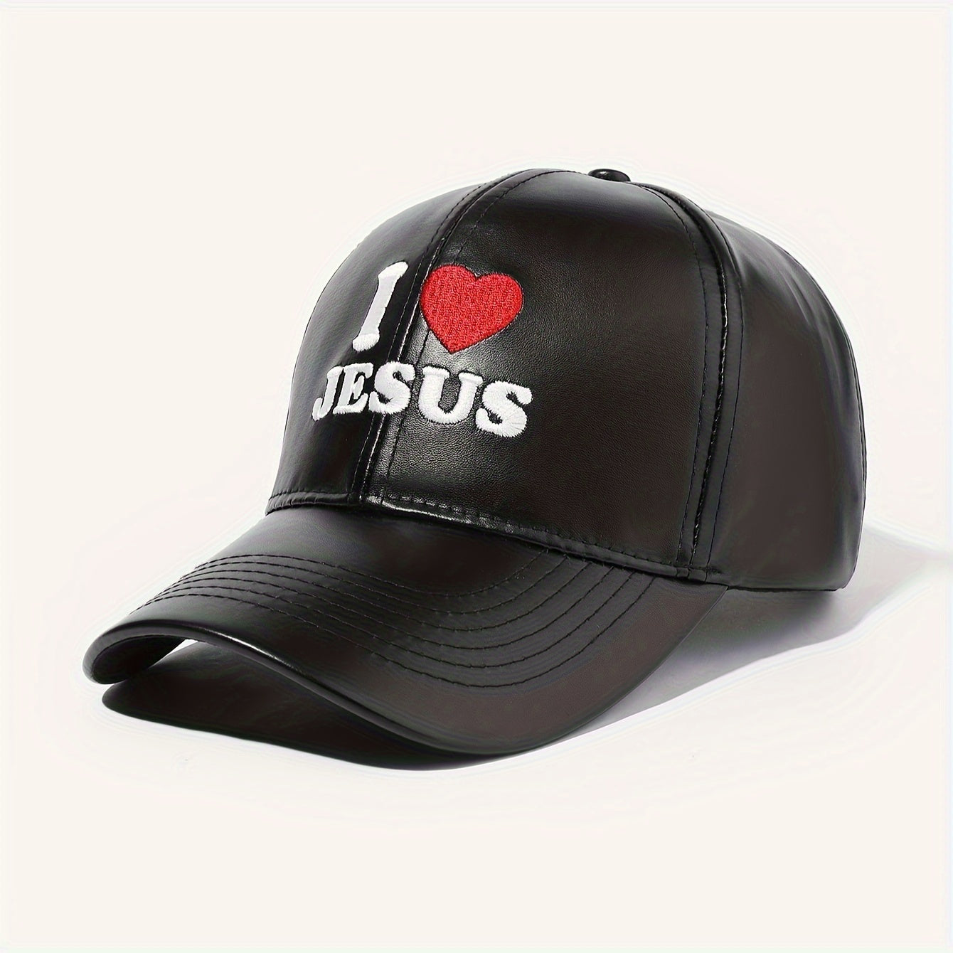 Faux Leather Baseball Cap with "I Love Jesus" Embroidery - Adjustable Snapback