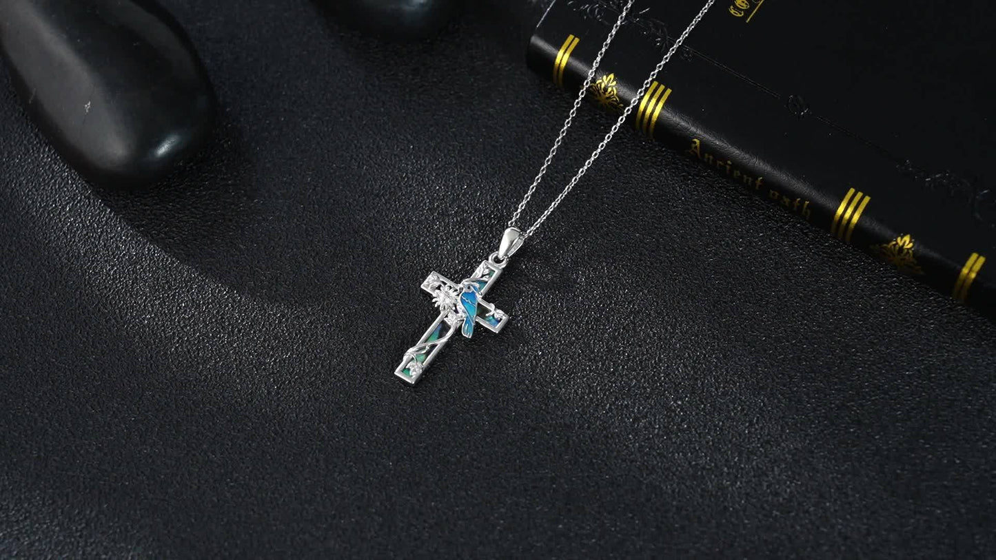 Sunflower and Blue Jay Cross Necklace Silver Abalone Pendant
