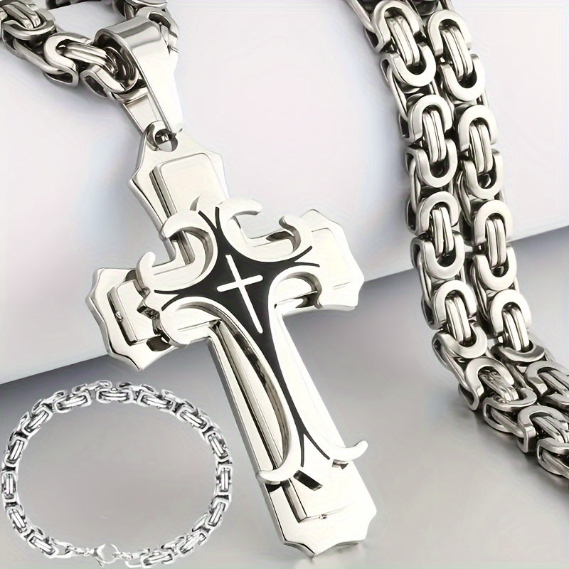 Men's Retro Cross Pendant Necklace and Simple Bracelet Set