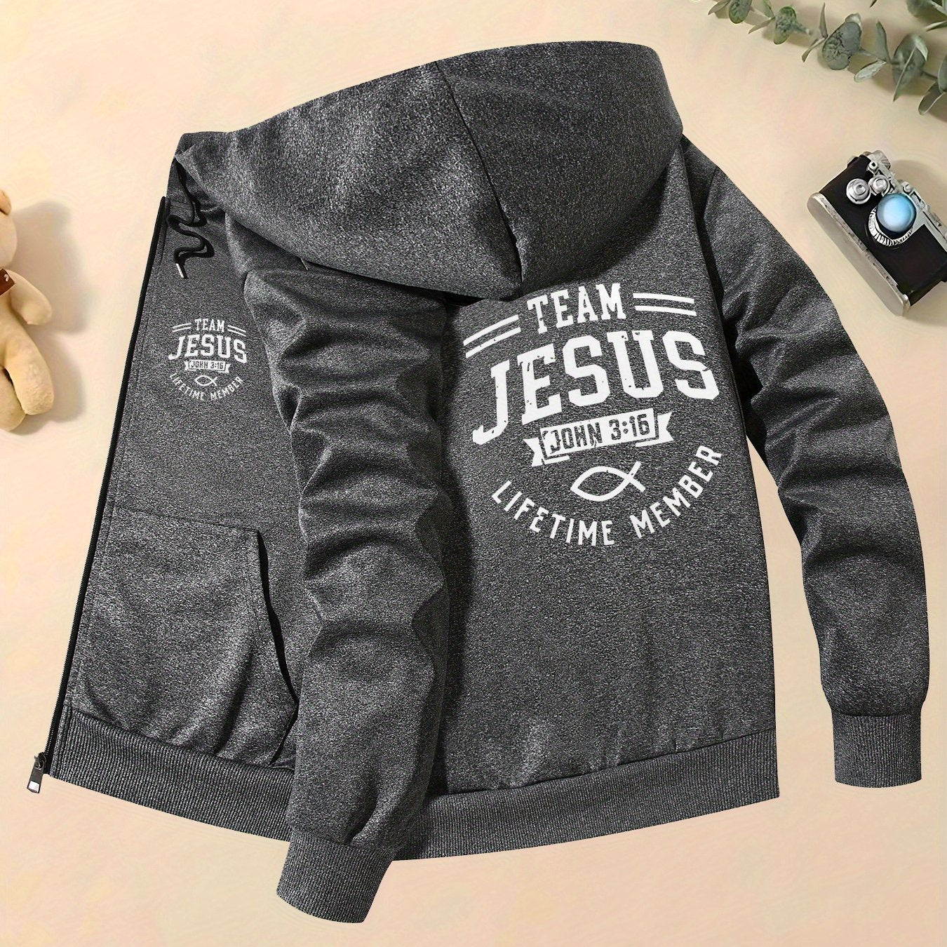 Mens Casual Hooded Polyester Jacket With Jesus Print