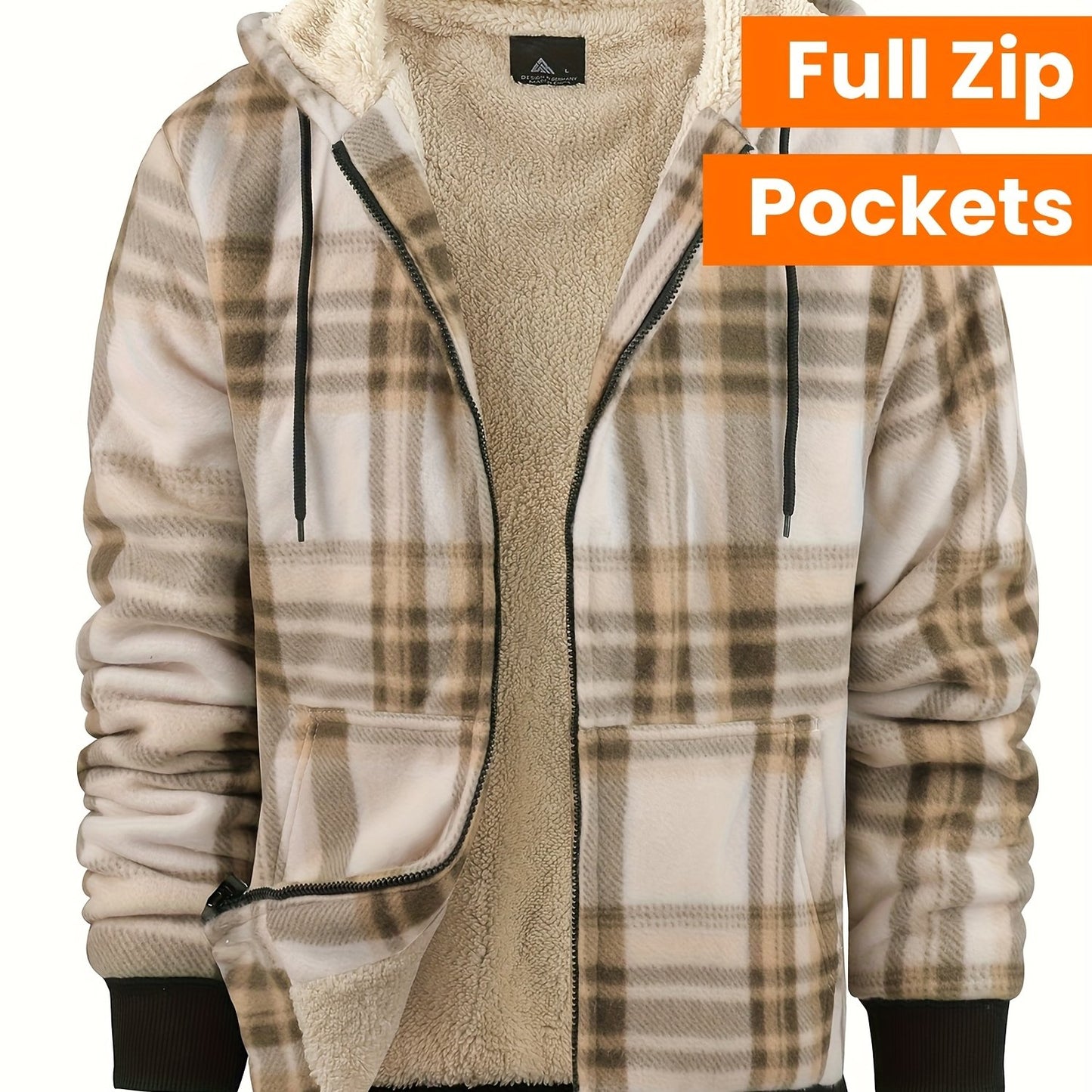 Divine Power Mens Plaid Fleece Hooded Jacket With Zipper