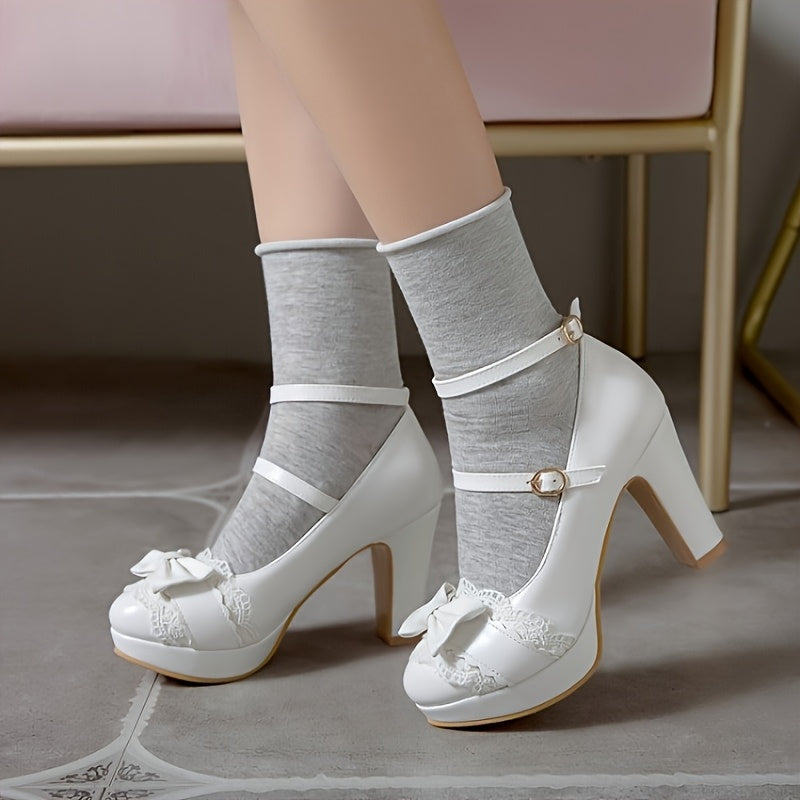 Pink Elegant Women's Mary Jane Pumps Kawaii-Style High Heel Block Heel