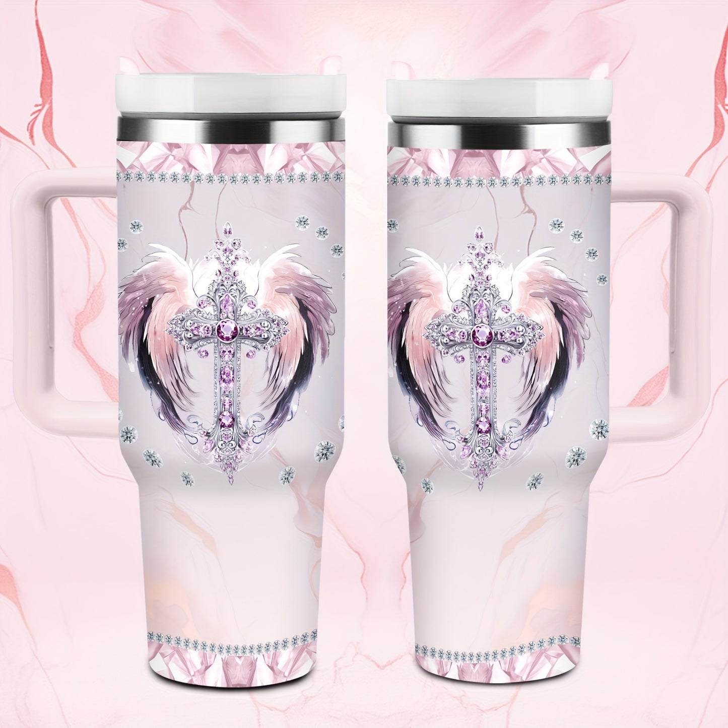 40oz Insulated Stainless Steel Tumbler with Straw & Lid - Elegant Cross & Wings Design