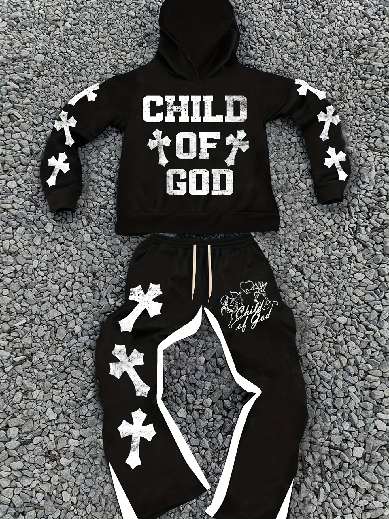 Divine Power Print Hoodie And Sweatpants Set Fall Winter