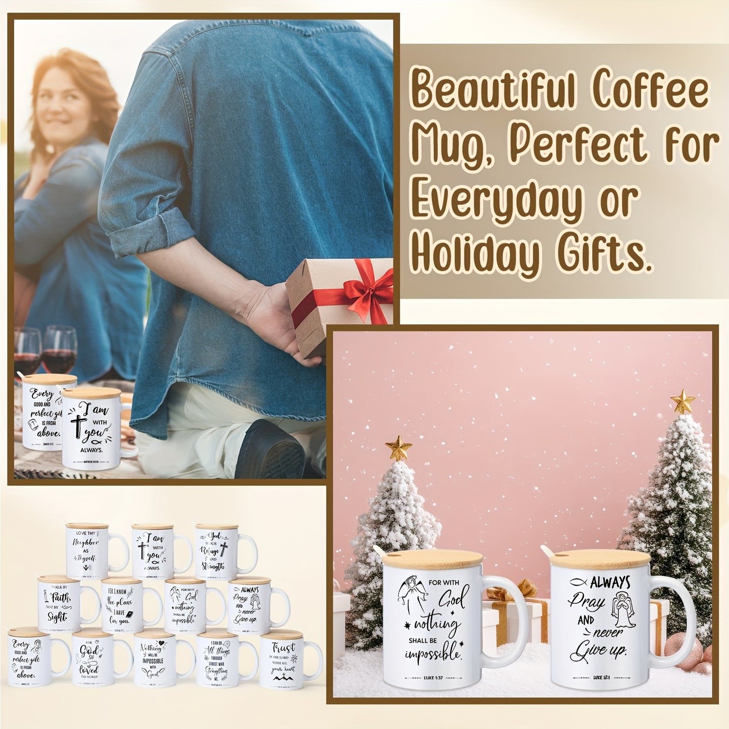 12 Sets of Christian 12oz Ceramic Coffee Mugs with Lid & Spoon, Inspirational Bible Verses