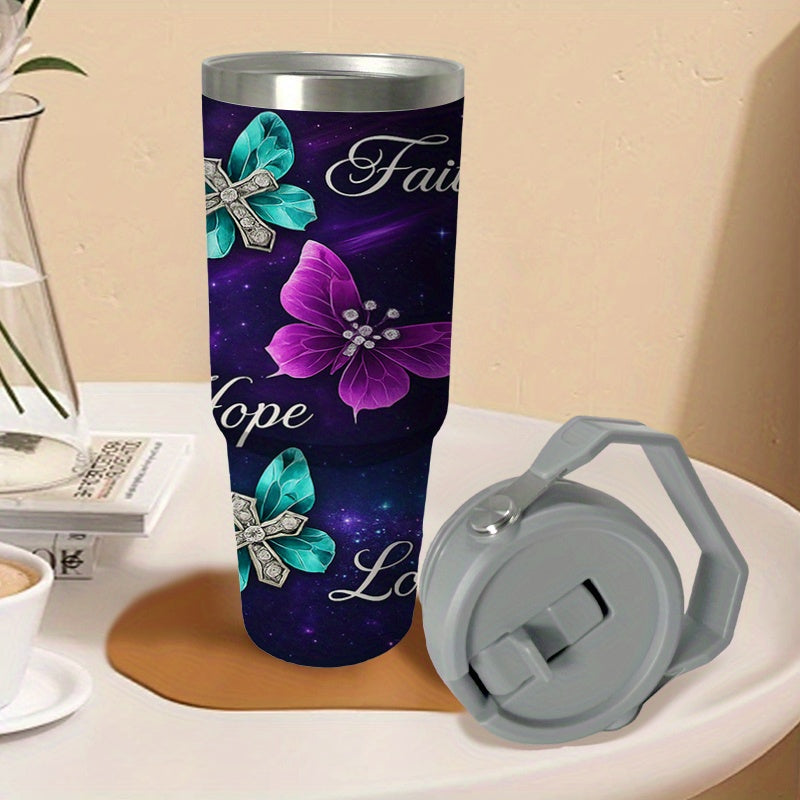 30oz Stainless Steel Tumbler with Straw & Handle, Purple Glitter, I Peter 1:3