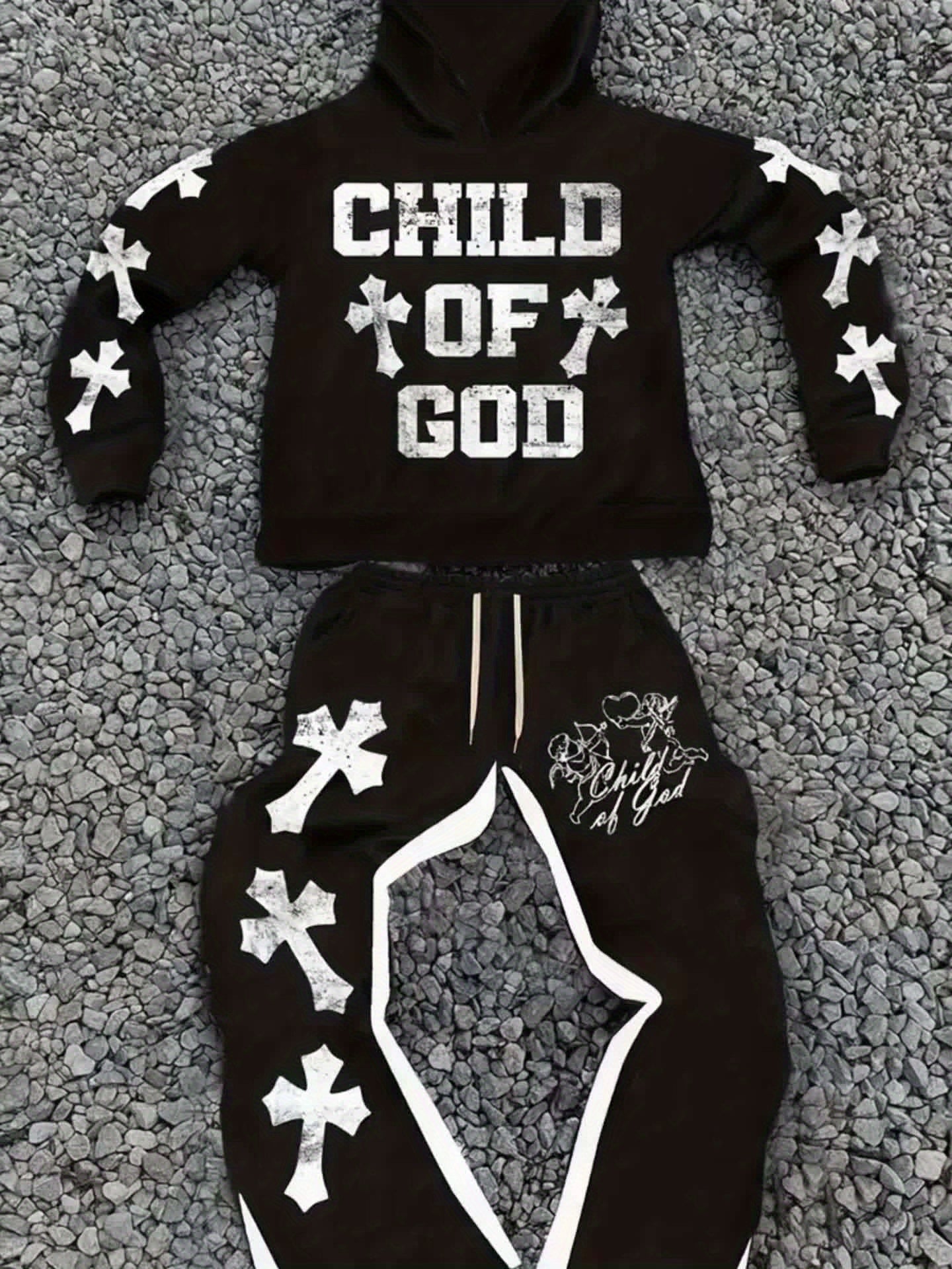Divine Power Print Hoodie And Sweatpants Set Fall Winter