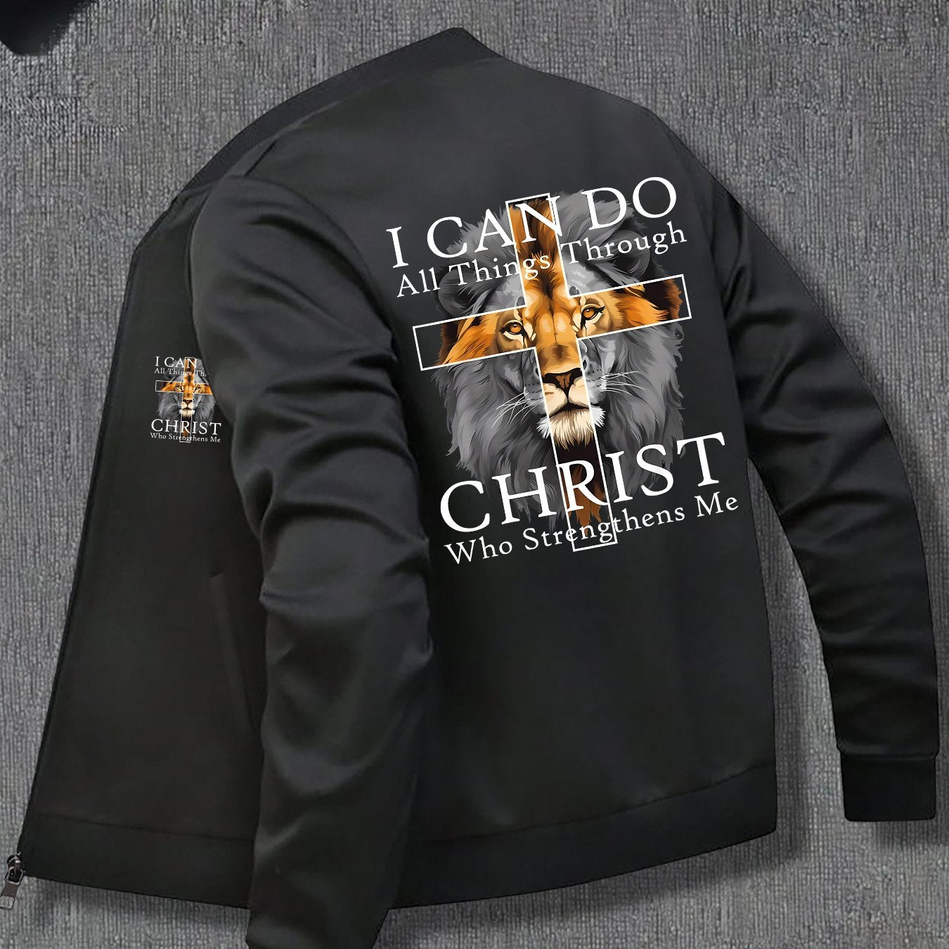 In His Divine Power Mens Lion Print Zip Up Jacket Pockets