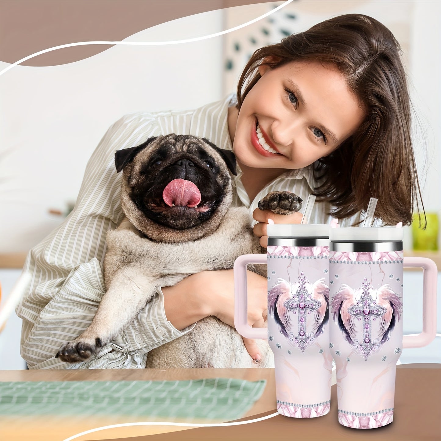 40oz Insulated Stainless Steel Tumbler with Straw & Lid - Elegant Cross & Wings Design