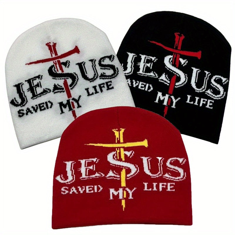 3pcs, Jesus Saved My Life Rapper Unisex Jacquard Beanie Hat for Autumn and Winter Outdoor Versatile Cycling Warm Adult Hats in Three Colors: Red, Black, White