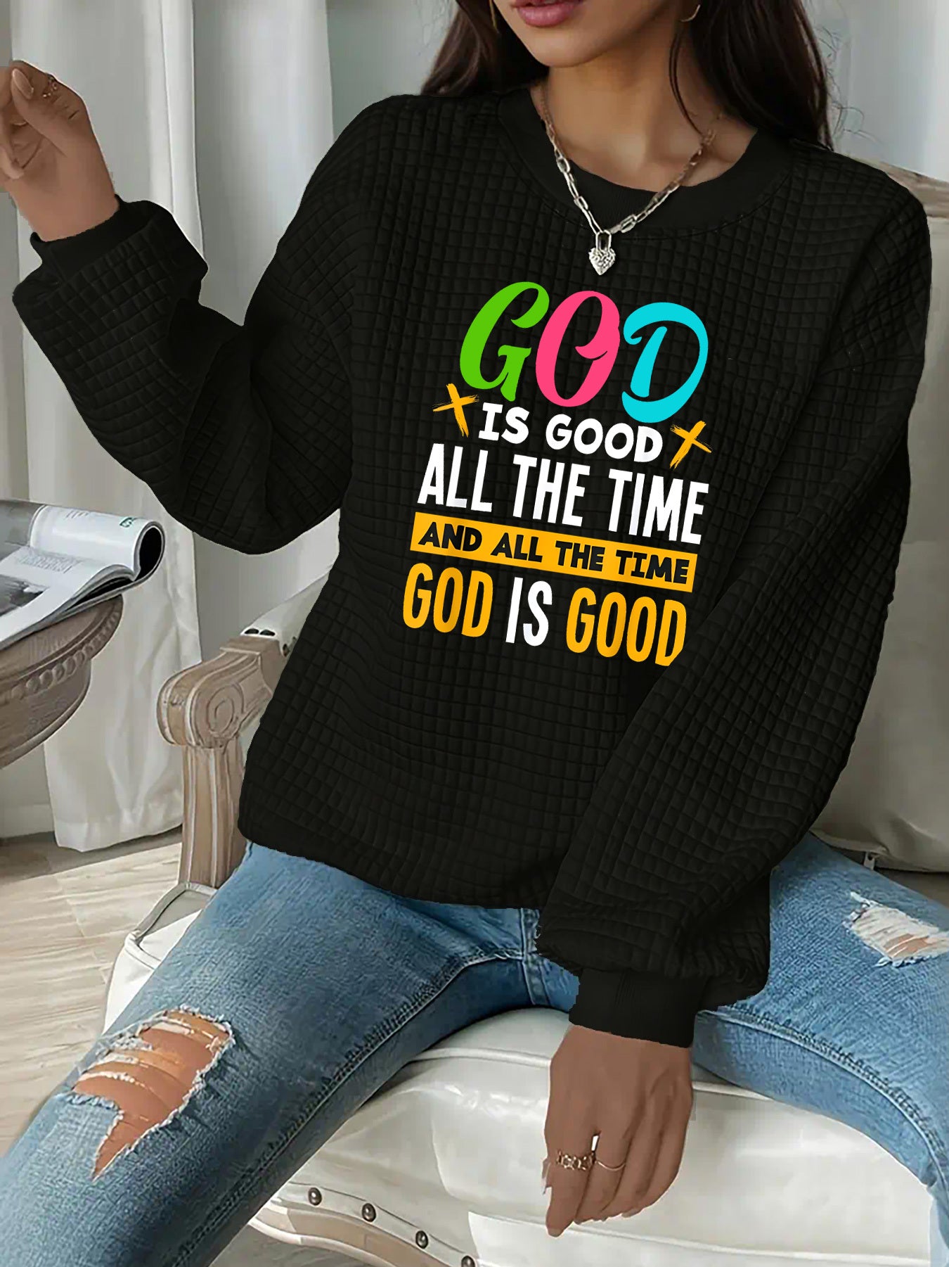 In His Divine Power Faith Graphic Knit Sweatshirt Casual