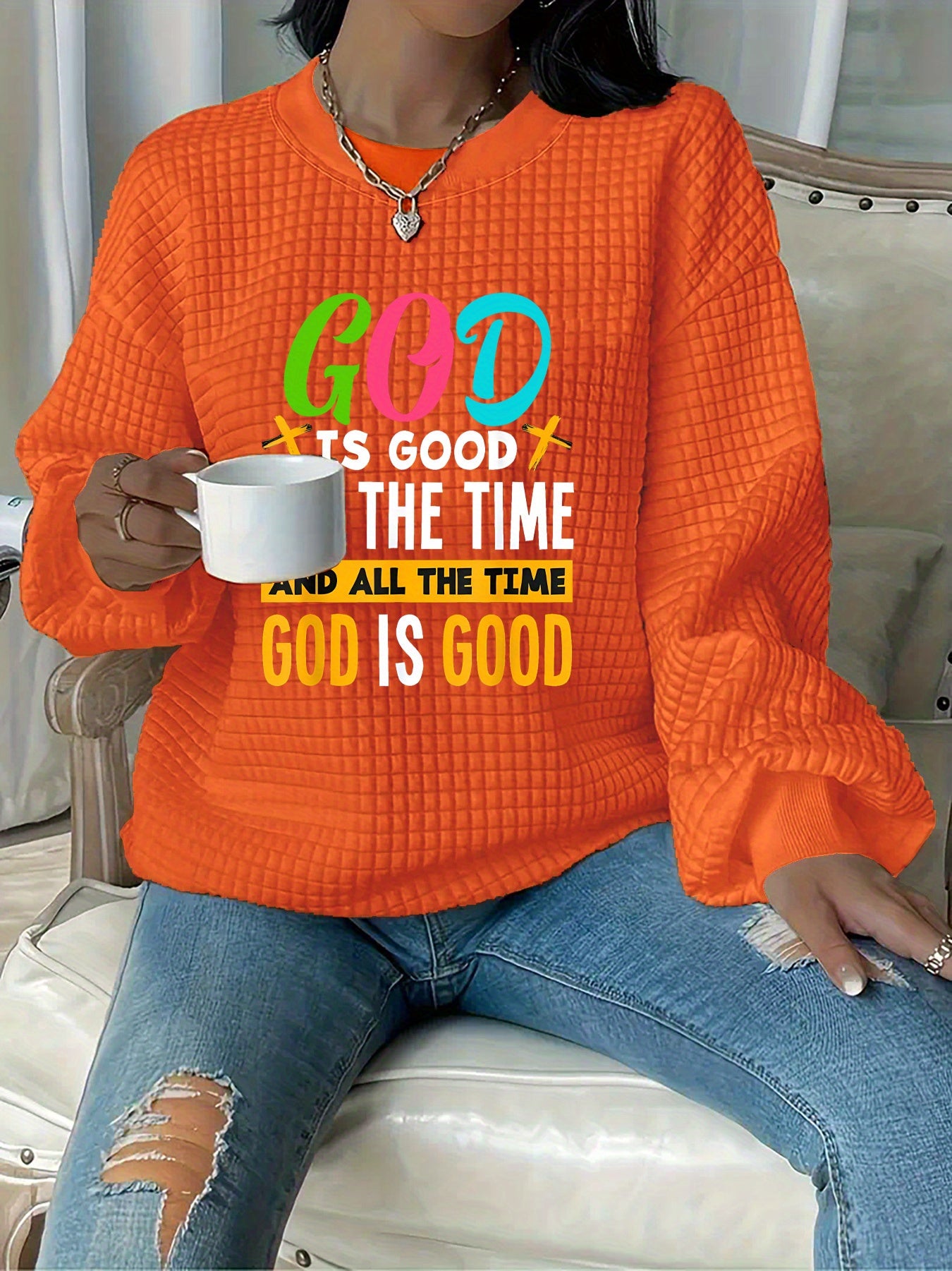 In His Divine Power Faith Graphic Knit Sweatshirt Casual