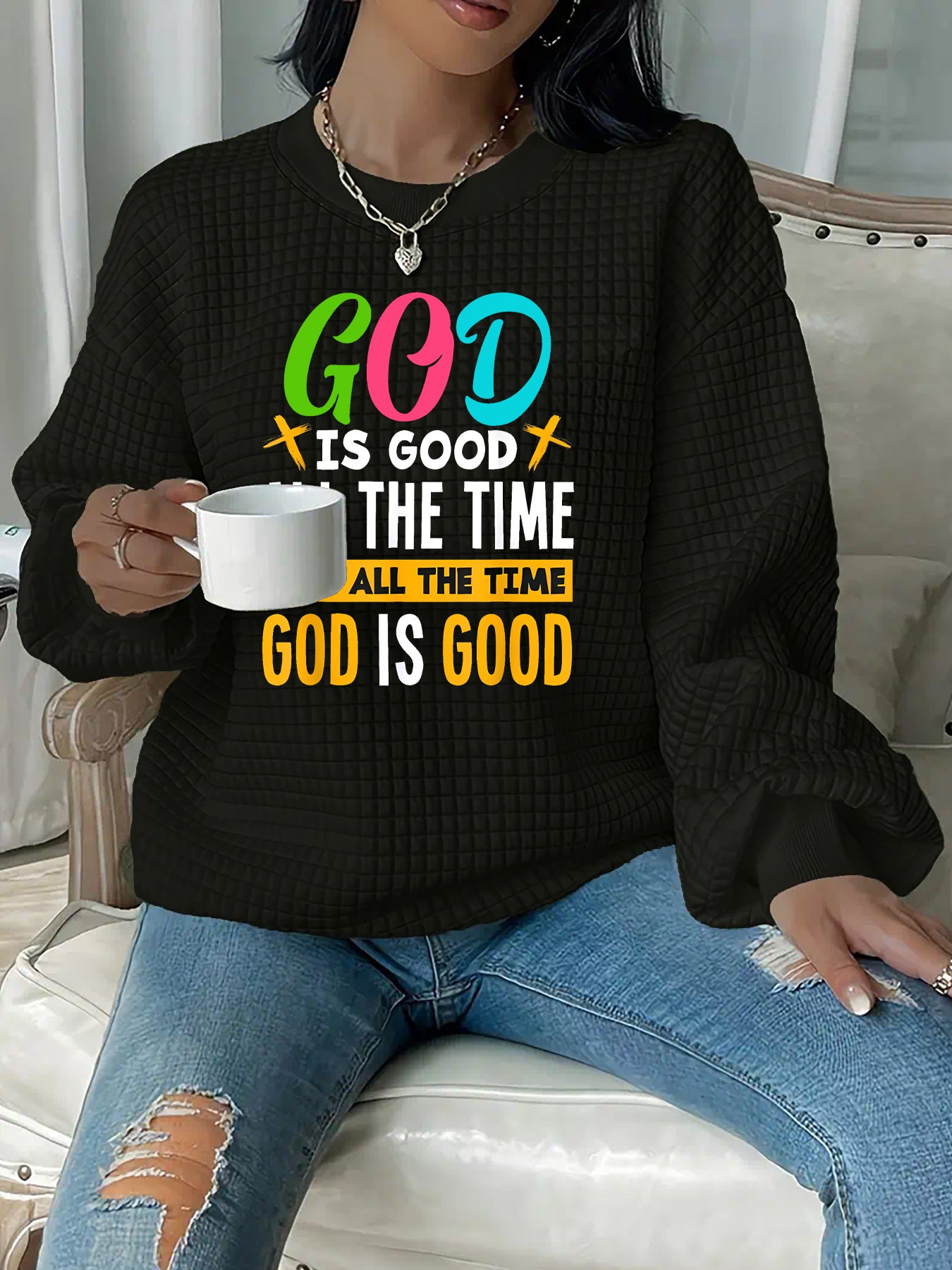 In His Divine Power Faith Graphic Knit Sweatshirt Casual