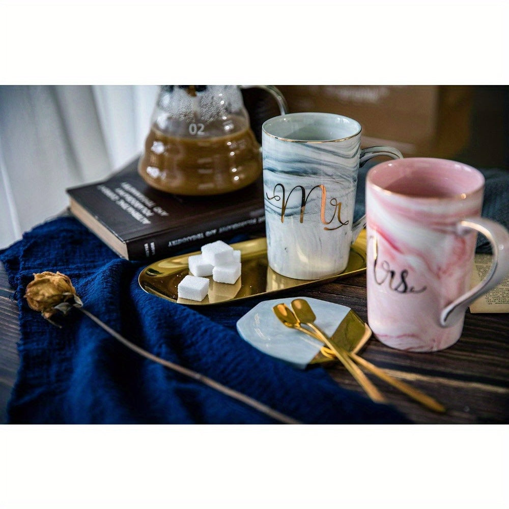 Mr & Mrs Ceramic Coffee Mugs - 14oz Marbled Cups with Golden Spoons - Elegant Wedding Gift for Bride and Groom, Engagement