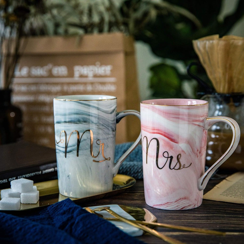 Mr & Mrs Ceramic Coffee Mugs - 14oz Marbled Cups with Golden Spoons - Elegant Wedding Gift for Bride and Groom, Engagement