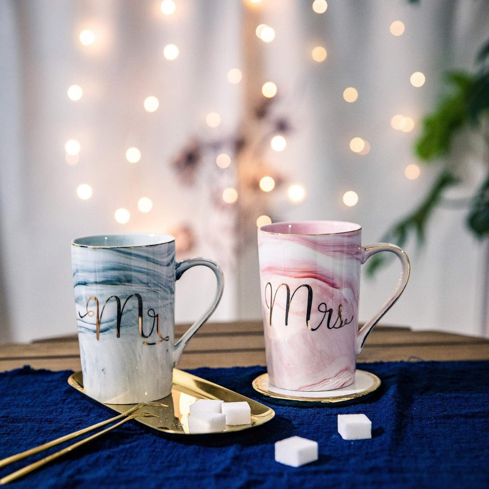 Mr & Mrs Ceramic Coffee Mugs - 14oz Marbled Cups with Golden Spoons - Elegant Wedding Gift for Bride and Groom, Engagement