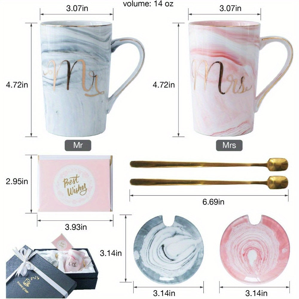 Mr & Mrs Ceramic Coffee Mugs - 14oz Marbled Cups with Golden Spoons - Elegant Wedding Gift for Bride and Groom, Engagement