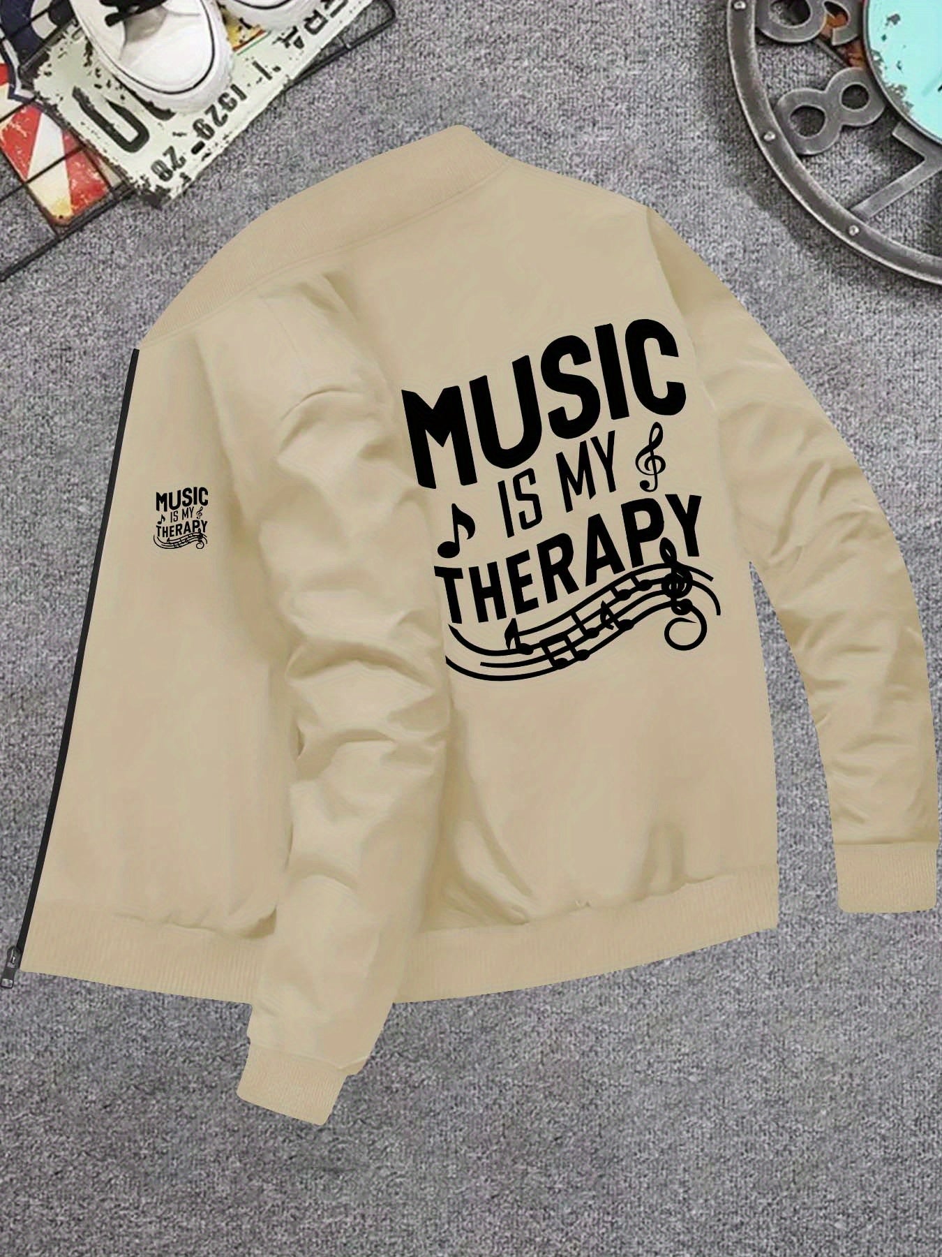 Mens Casual Music Print Zip Jacket Skinny Fit Outerwear