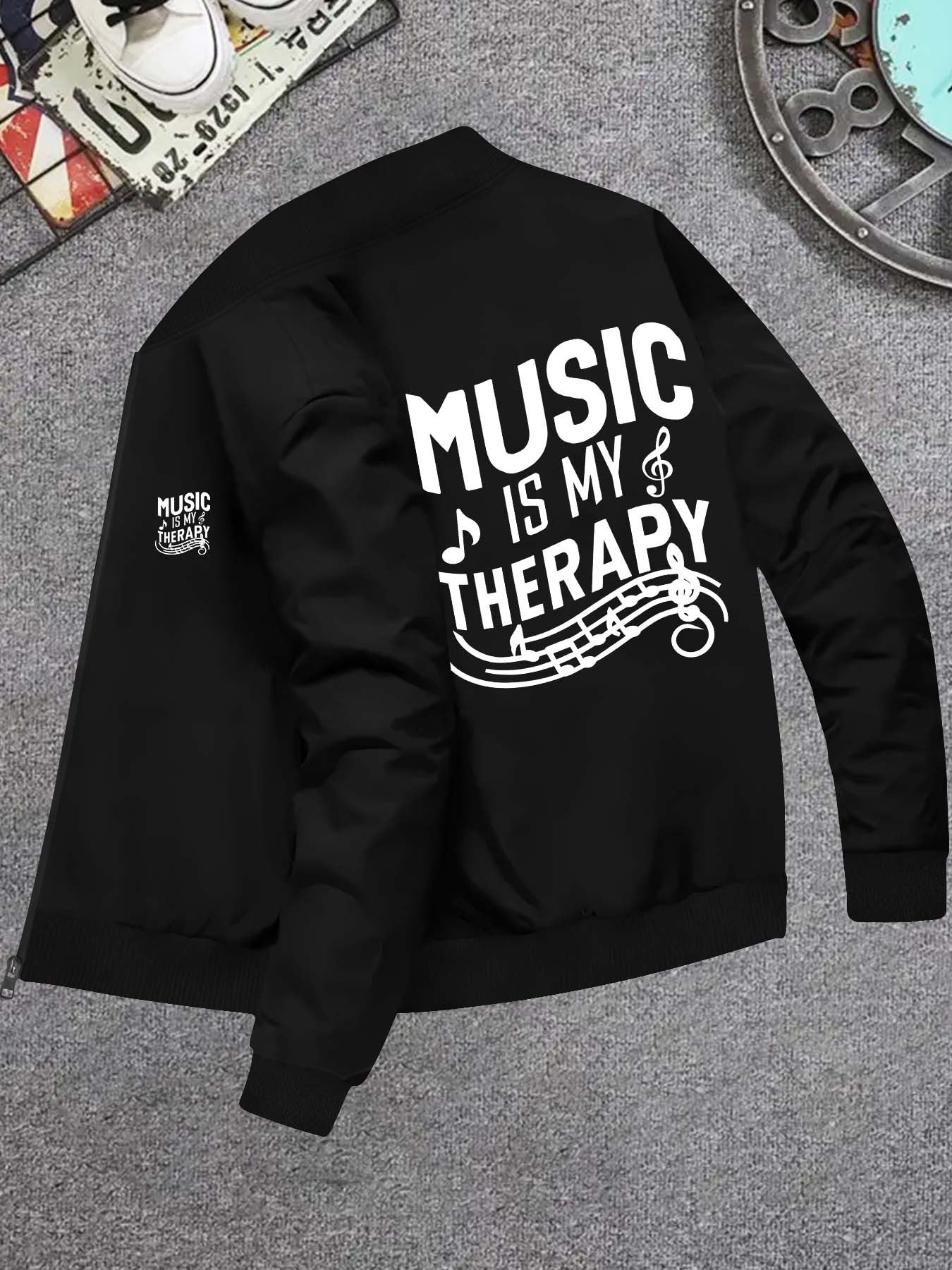 Mens Casual Music Print Zip Jacket Skinny Fit Outerwear