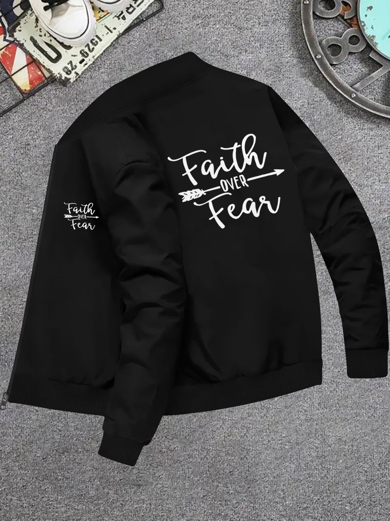 Faith Over Fear Graphic Stand Collar Jacket For Men