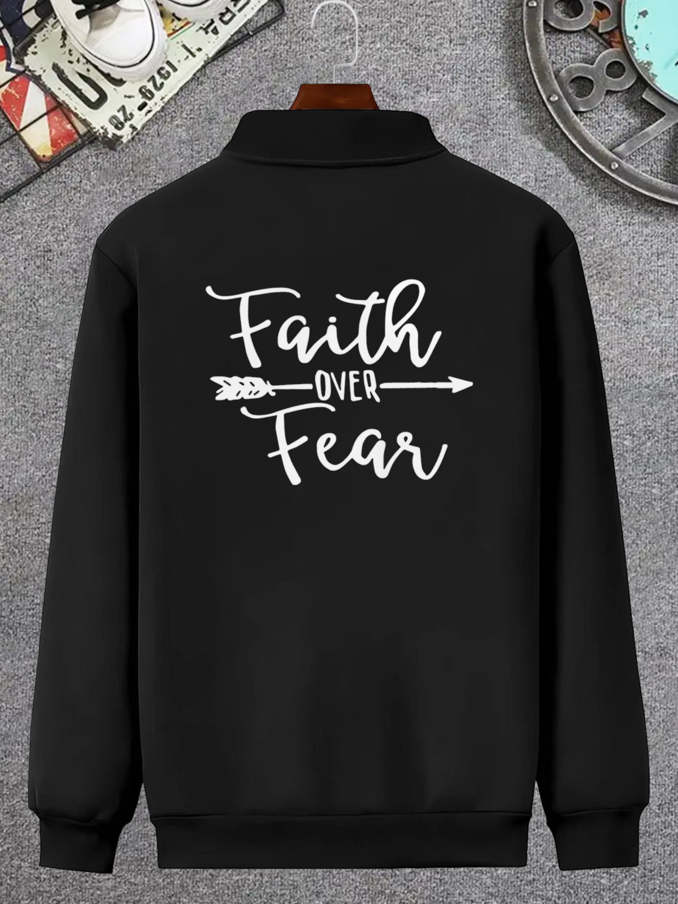 Faith Over Fear Graphic Stand Collar Jacket For Men
