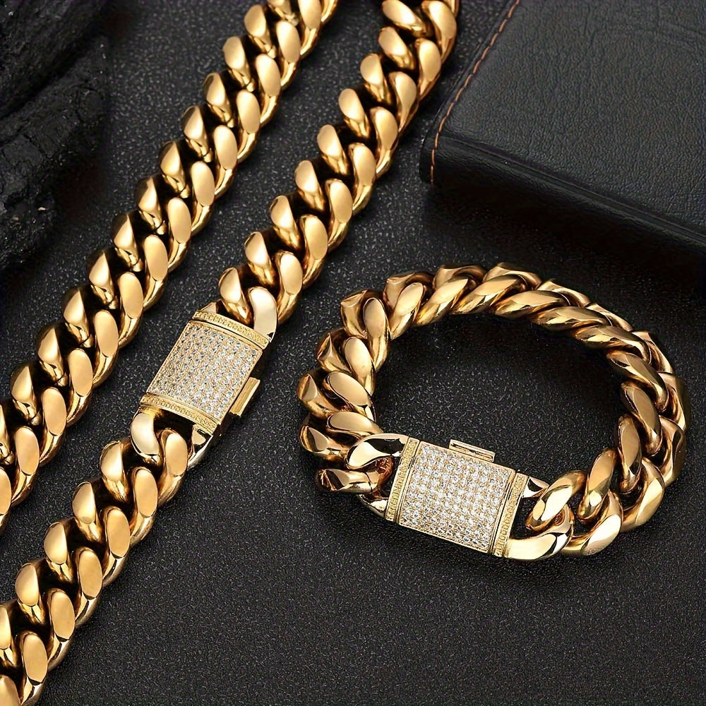 Men's Zirconium Necklace Bracelet Set Durable Stainless Steel