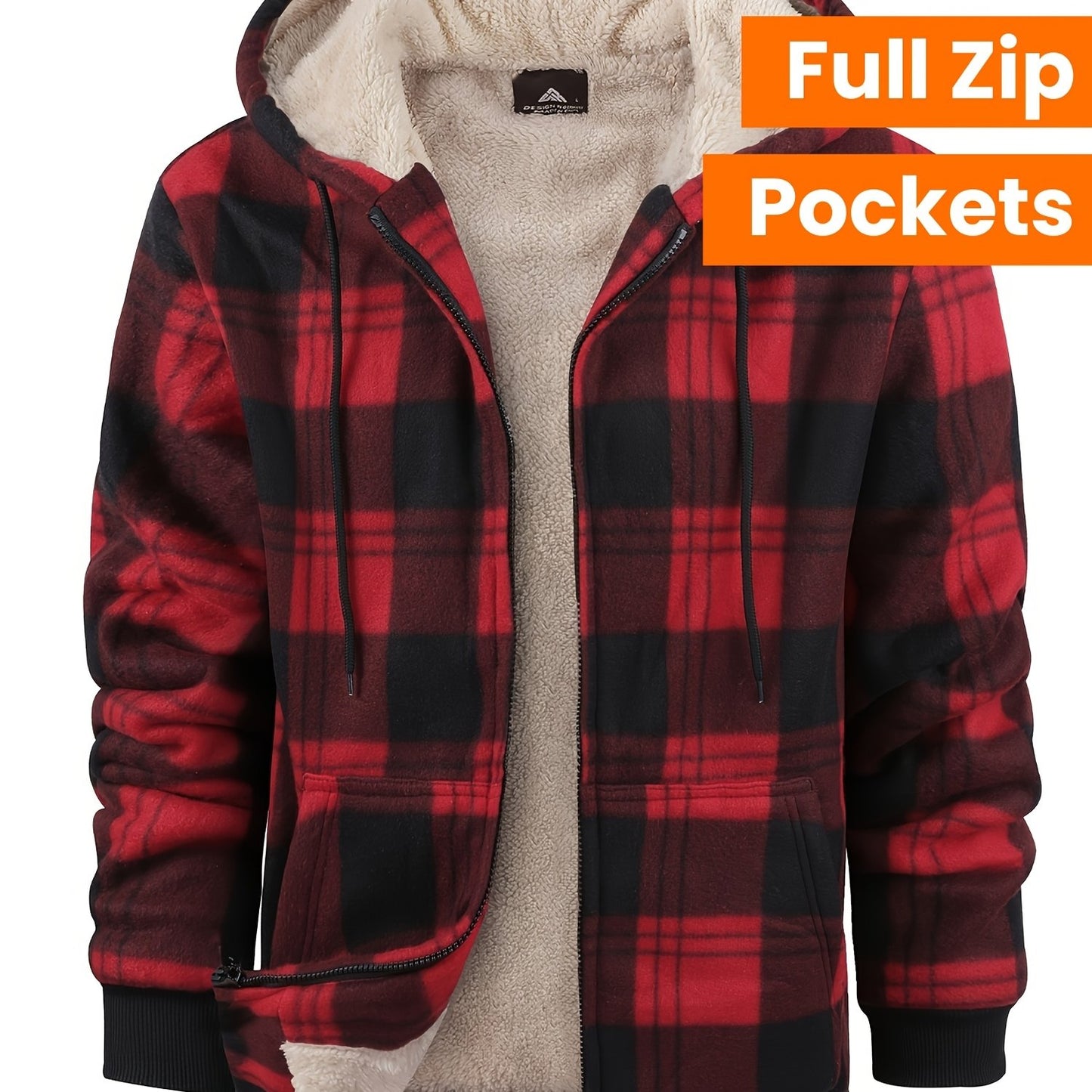 Divine Power Mens Plaid Fleece Hooded Jacket With Zipper