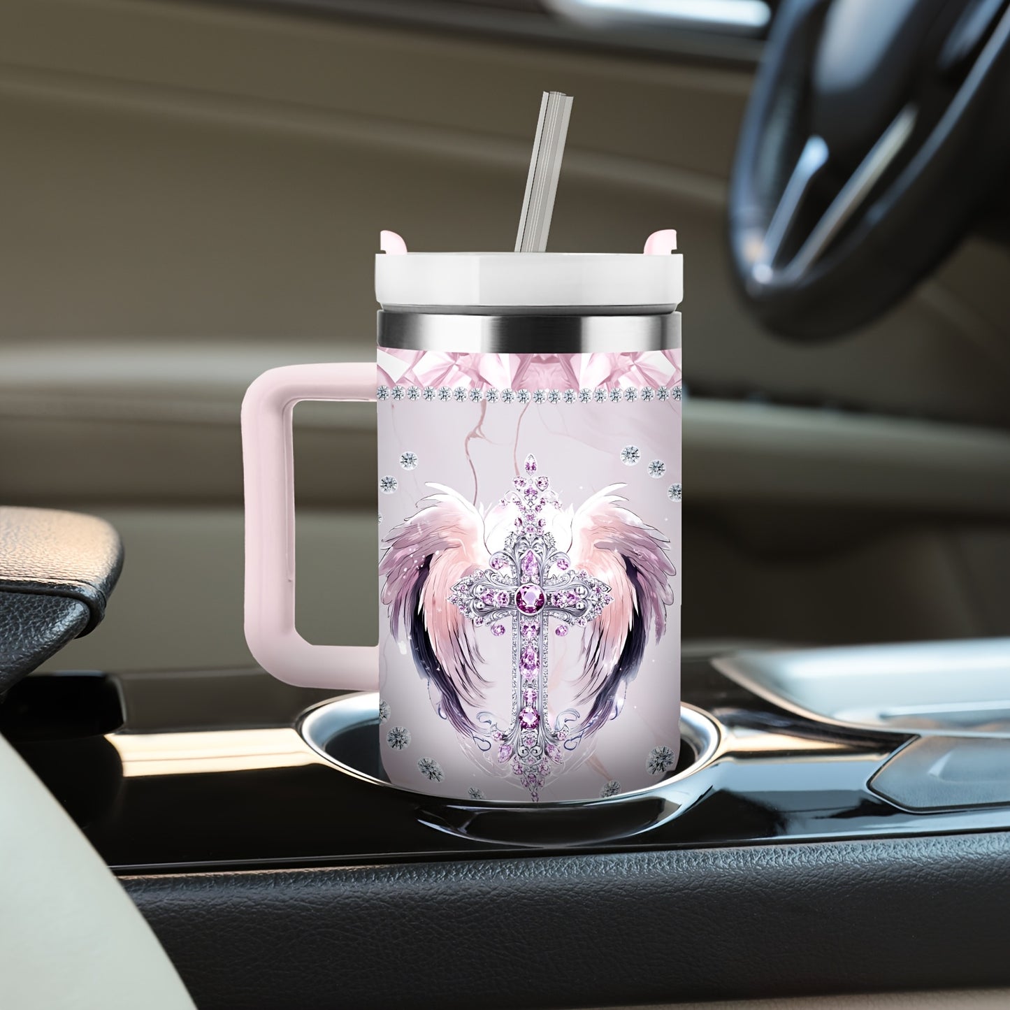 40oz Insulated Stainless Steel Tumbler with Straw & Lid - Elegant Cross & Wings Design