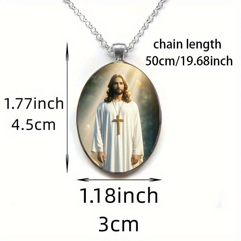Vintage Glass Oval Pendant Necklace Jesus Cross Pattern
