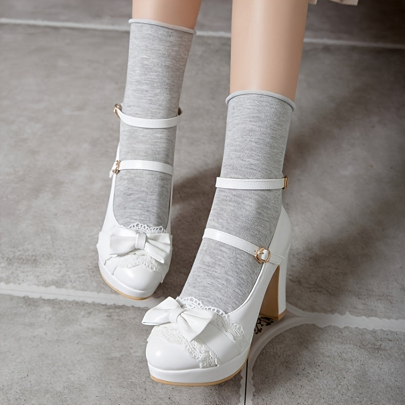 Pink Elegant Women's Mary Jane Pumps Kawaii-Style High Heel Block Heel