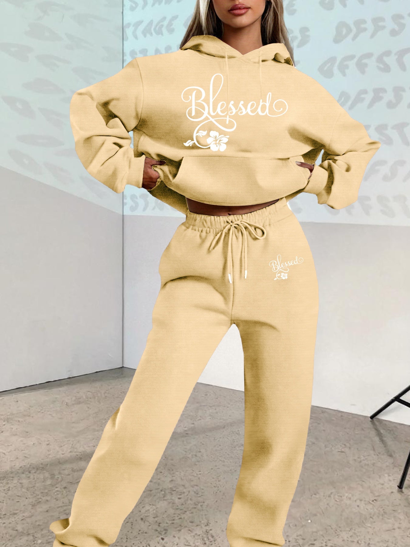 2025 Fall/Winter New Arrival, Creative Letter Graphic: Blessing Flower Sweatshirt Set with Casual Print Loose Warm Long-Sleeve Hooded Pullover and Elastic Drawstring Waist Pants Two-Piece Outfit